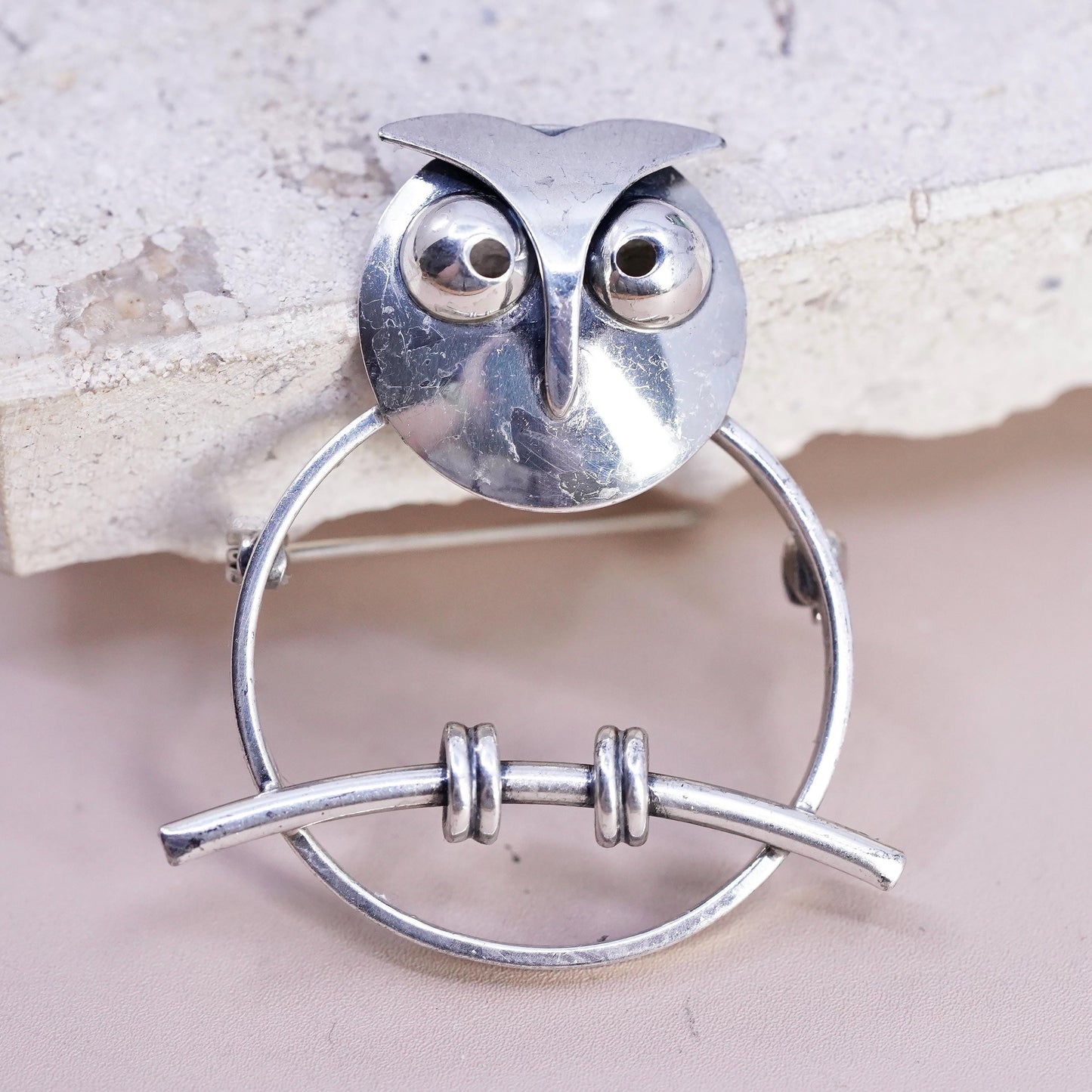 Vintage Beau sterling silver handmade brooch, simplified 925 owl pin