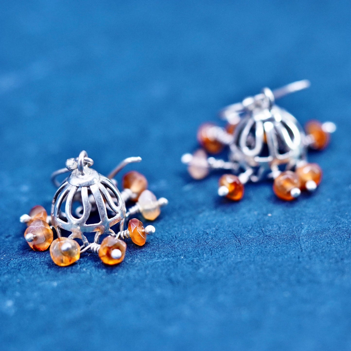 Vintage Sterling Silver 925 filigree crown Earrings with cluster carnelian