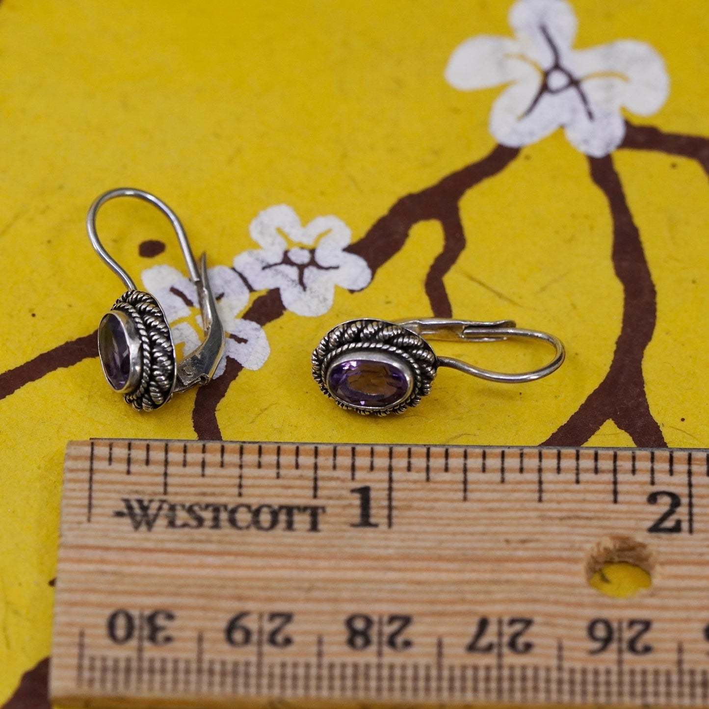 Vintage Sterling silver handmade earrings, 925 dangles with oval amethyst beads
