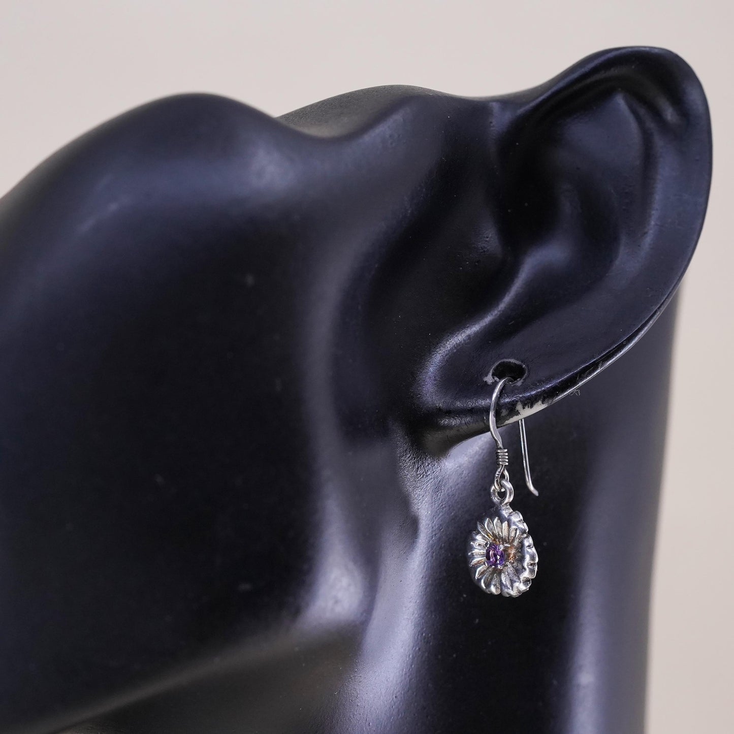 Vintage sterling silver handmade earrings, 925 flower with amethyst