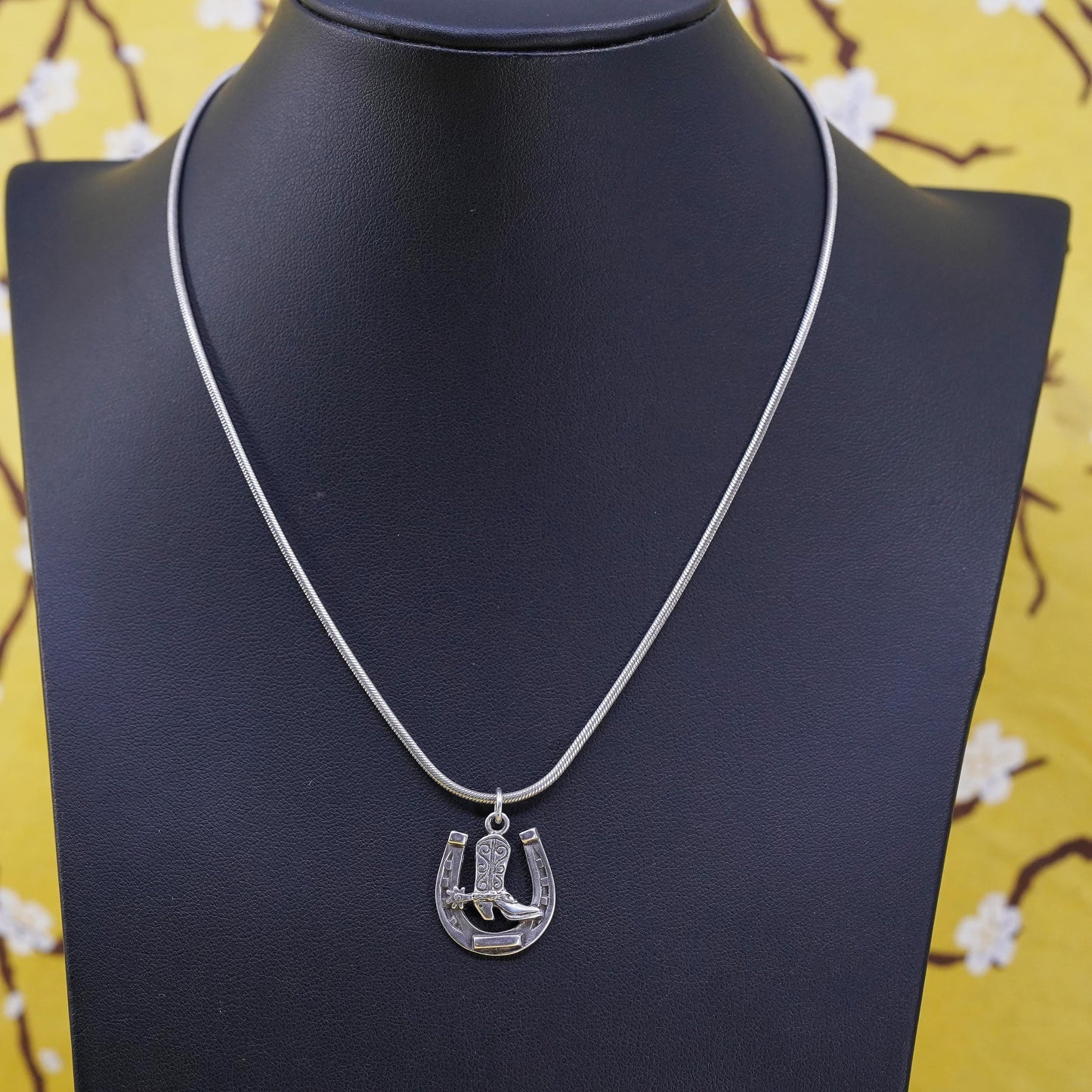 16”, southwestern Sterling silver necklace, 925 snake riding boot horseshoe