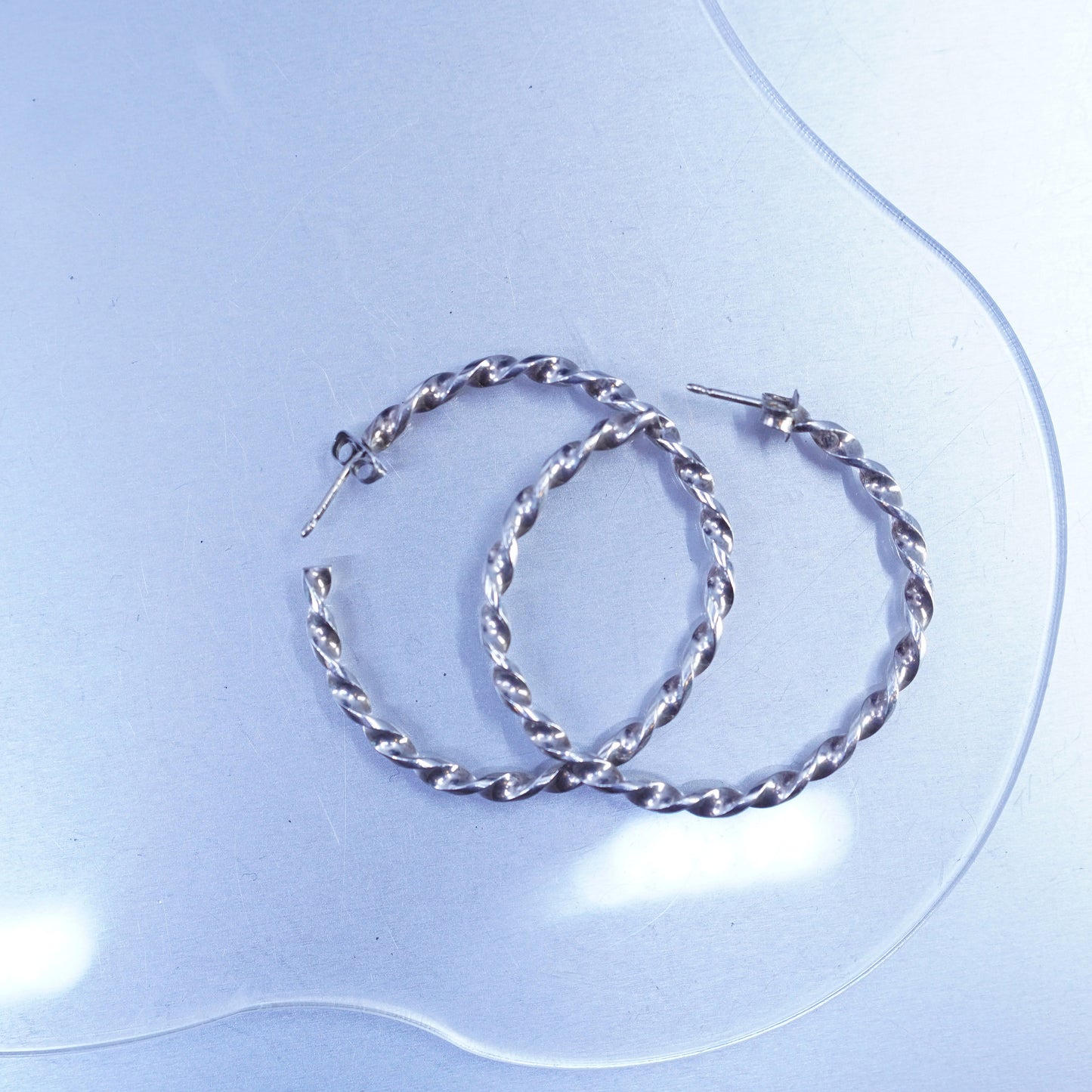 1.75”, vintage Sterling silver handmade earrings, 925 twisted hoops