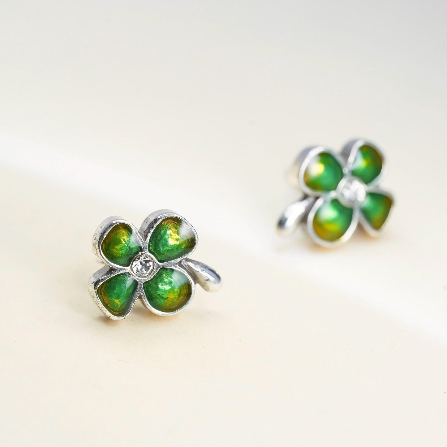 Vintage Sterling silver handmade earrings, 925 enamel lucky clover studs w/ cz