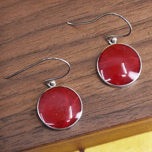 Vintage southwestern Sterling 925 silver handmade earrings with circle coral