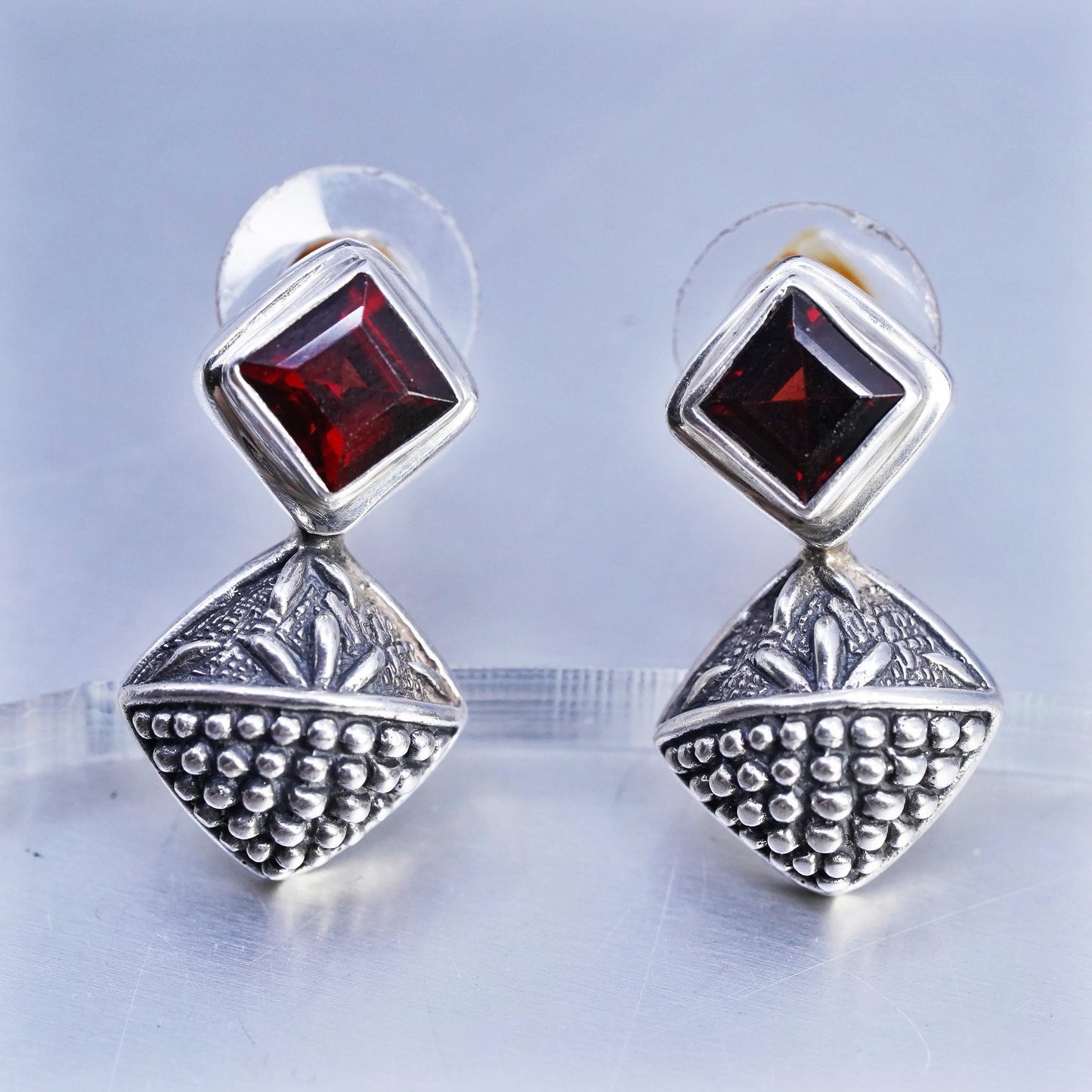 Sterling 925 Silver Garnet Earrings, Geometric Dangle Drops, Balinese Earrings