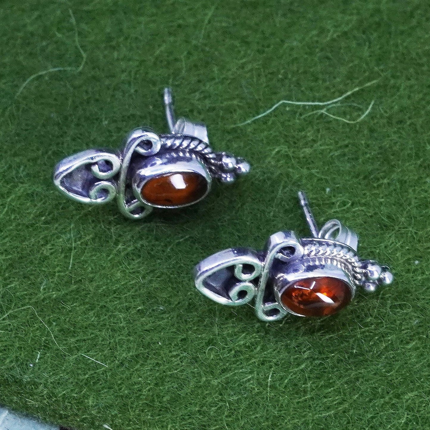 Sterling 925 silver handmade earrings with round Amber studs, southwestern