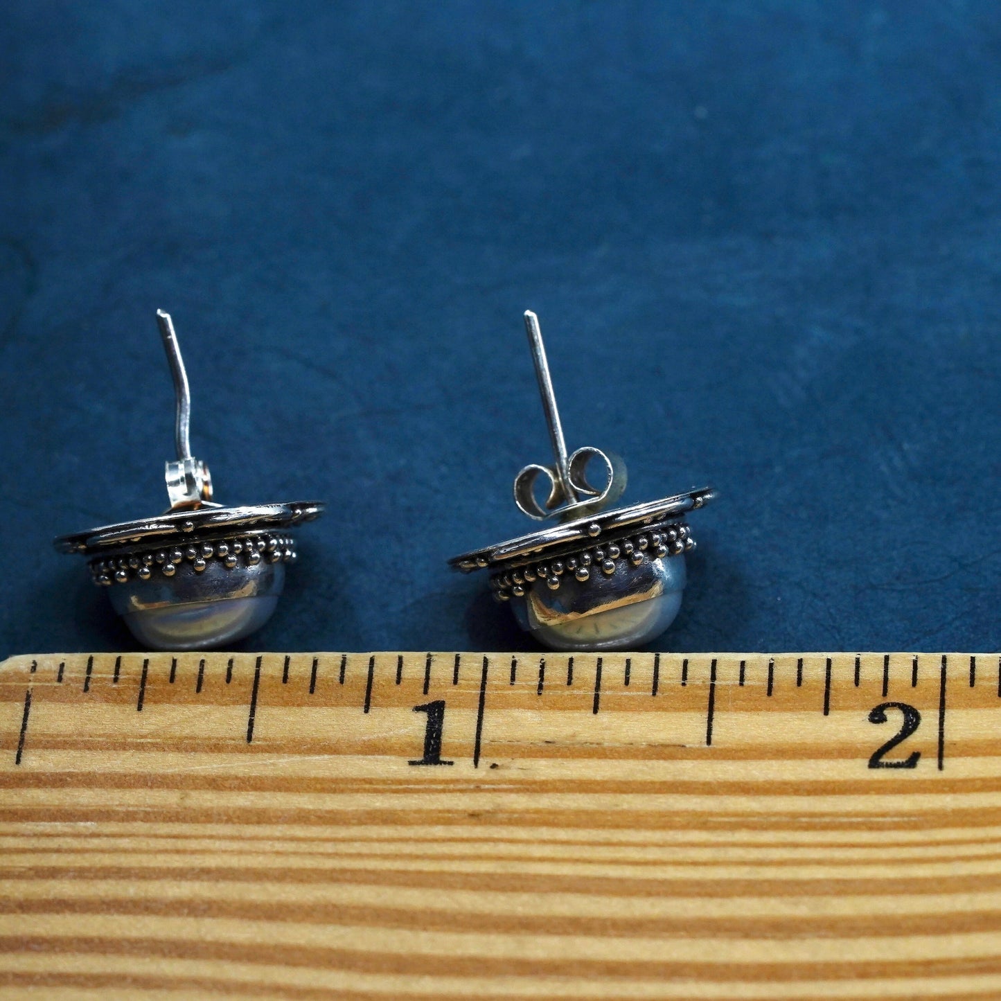 Sterling 925 silver Bali earrings with freshwater pearl studs, handmade jewelry