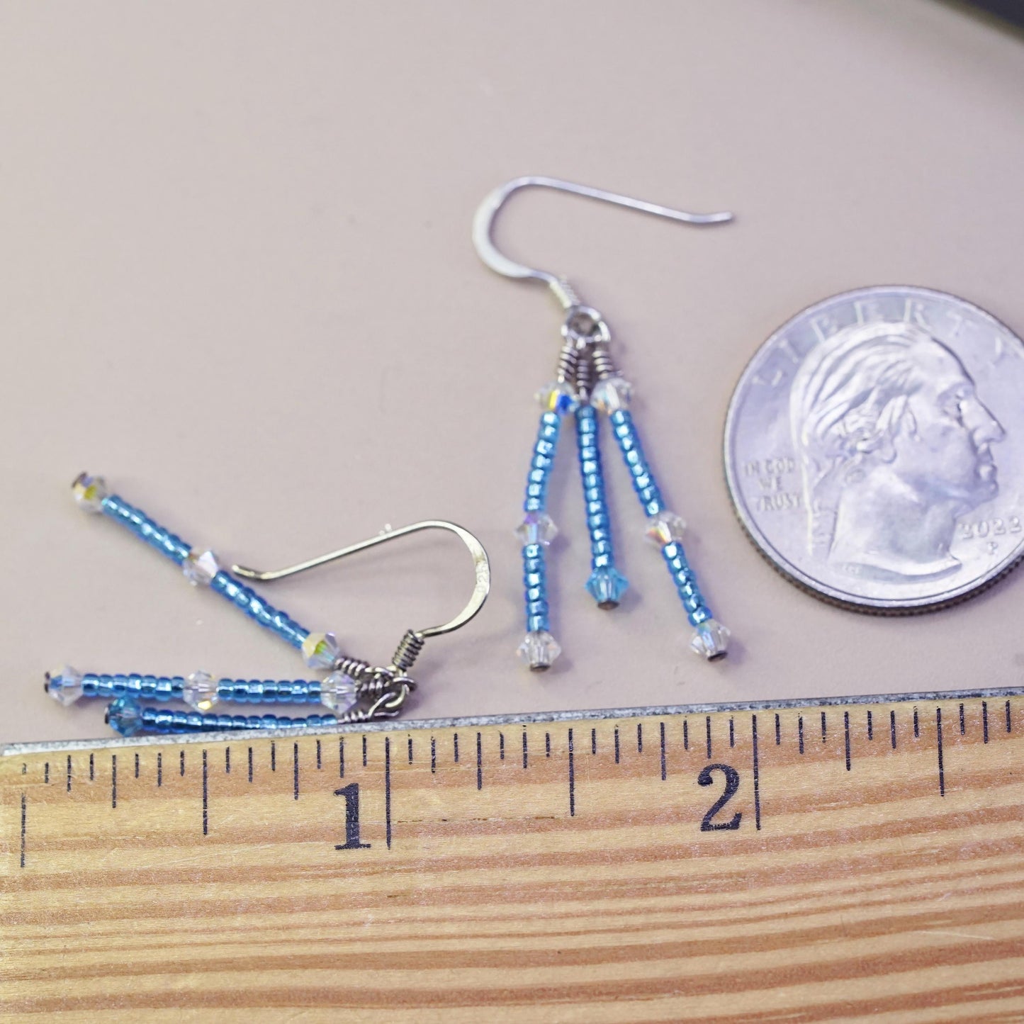 Vintage sterling silver 925 handmade earrings with blue crystal beads