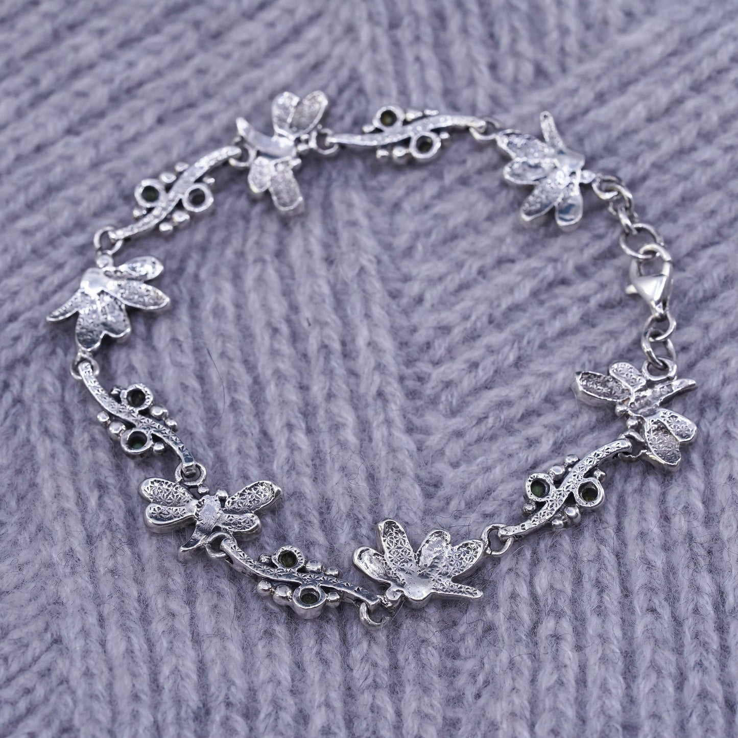 7”, vintage southwestern sterling 925 silver dragonfly bracelet with turquoise