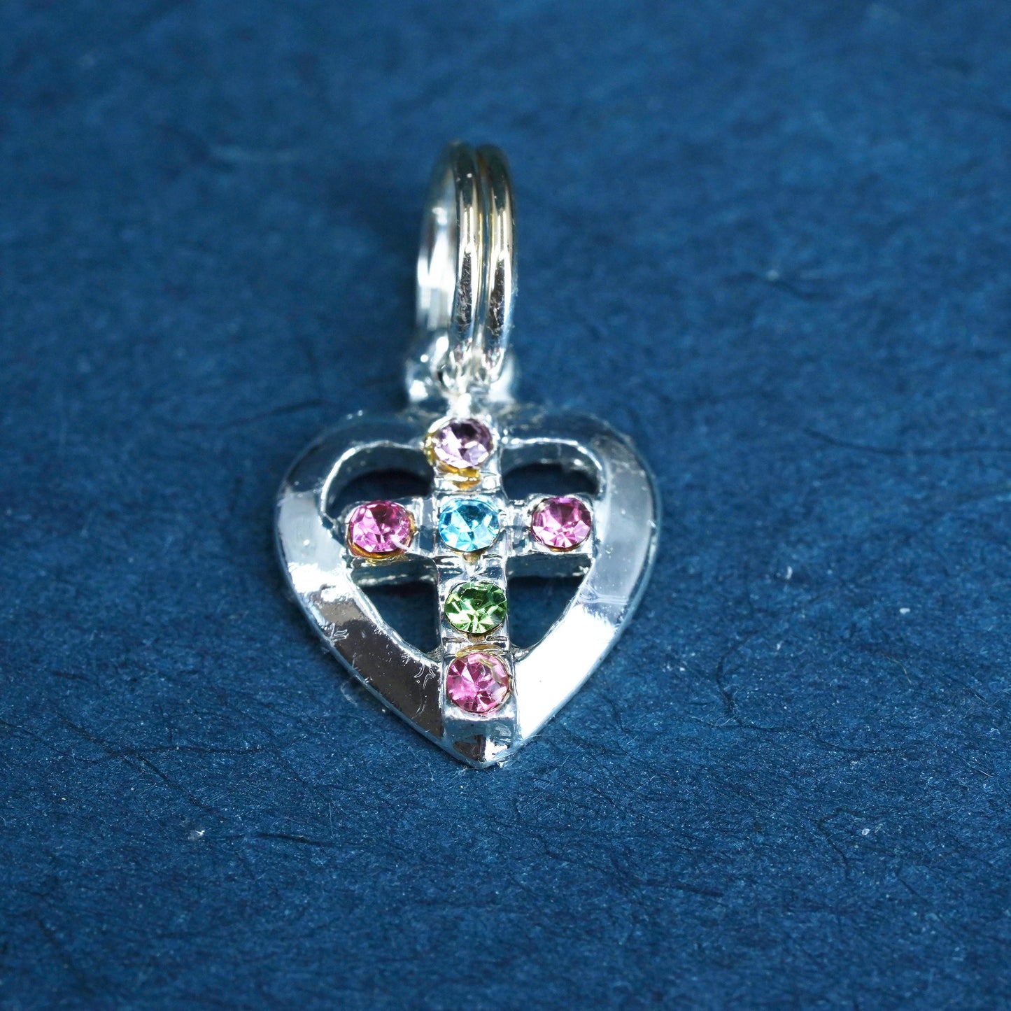 Vintage Sterling 925 silver handmade pendant with heart cross cluster crystal