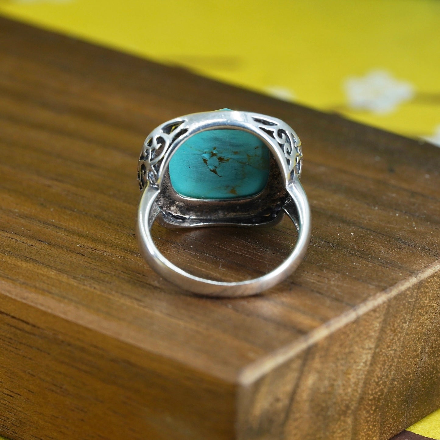 Size 8.25, vintage Sterling 925 silver handmade ring with turquoise filigree