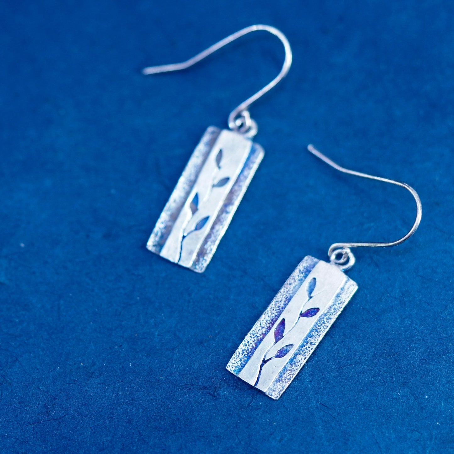 Vintage sterling silver handmade earrings, 925 leafy drops, stamped silver