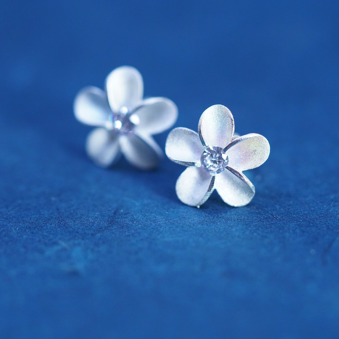 Vintage Sterling silver handmade earrings, 925 plumeria flower studs with cz