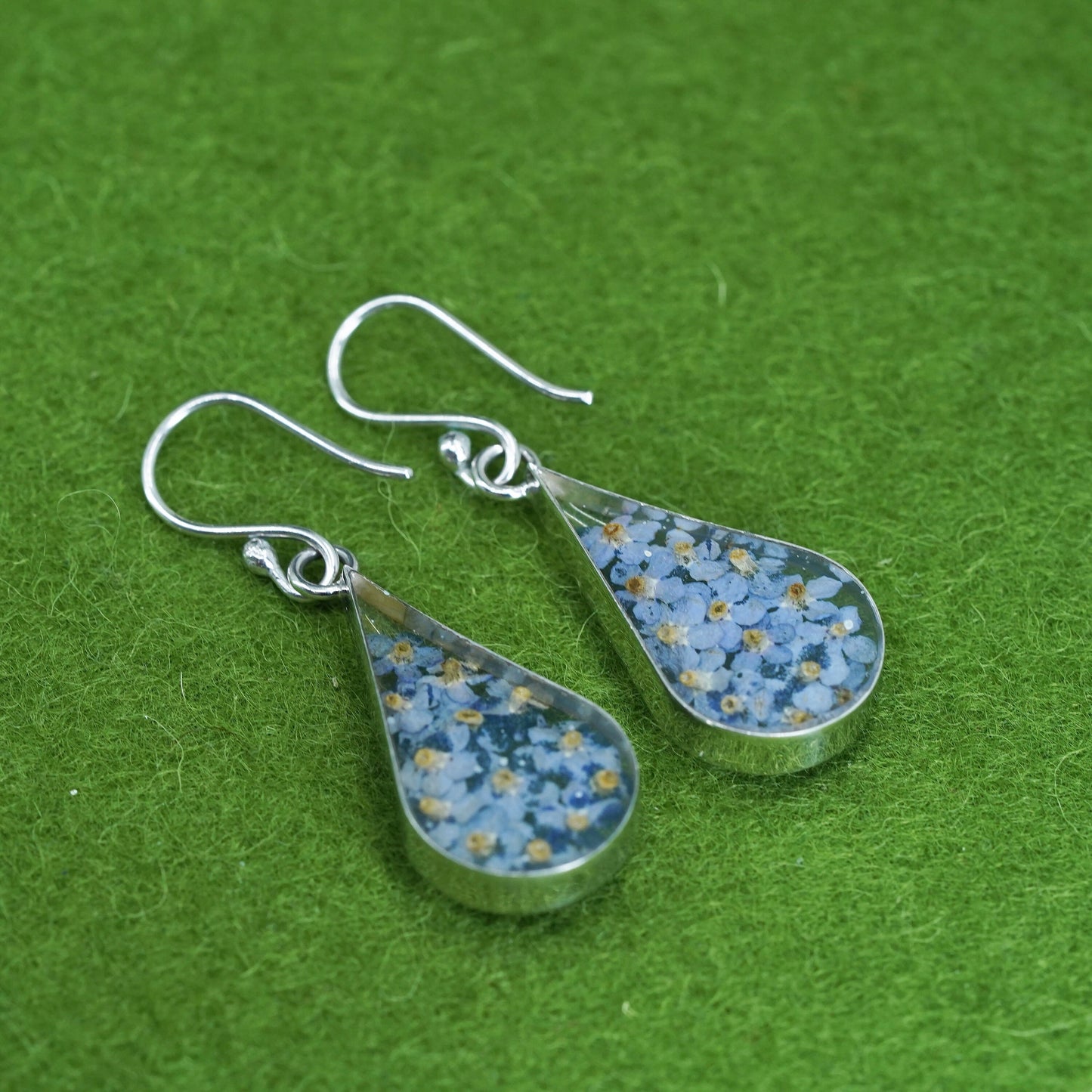 Vintage Mexico sterling silver earrings, 925 teardrop with purple flower resin
