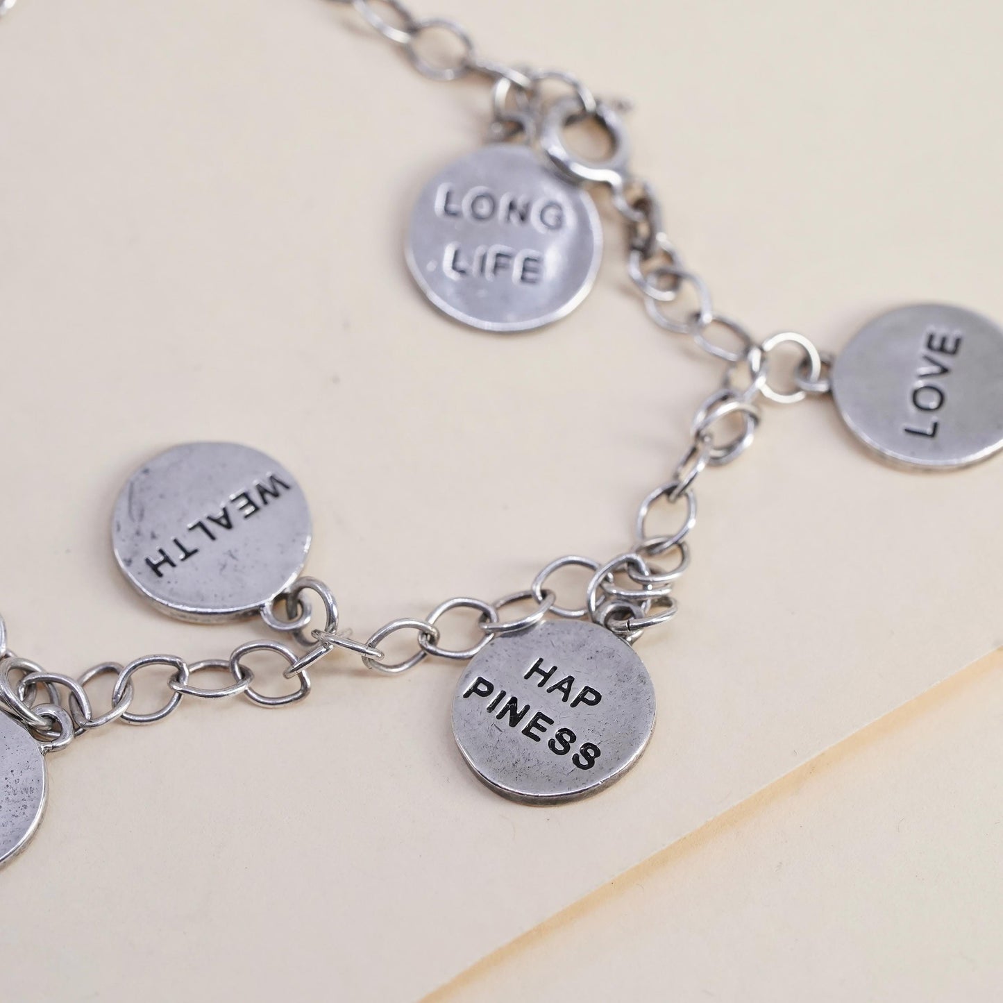 7” Sterling Silver Chinese Character Charms Bracelet, Love Wealth Wisdom Health
