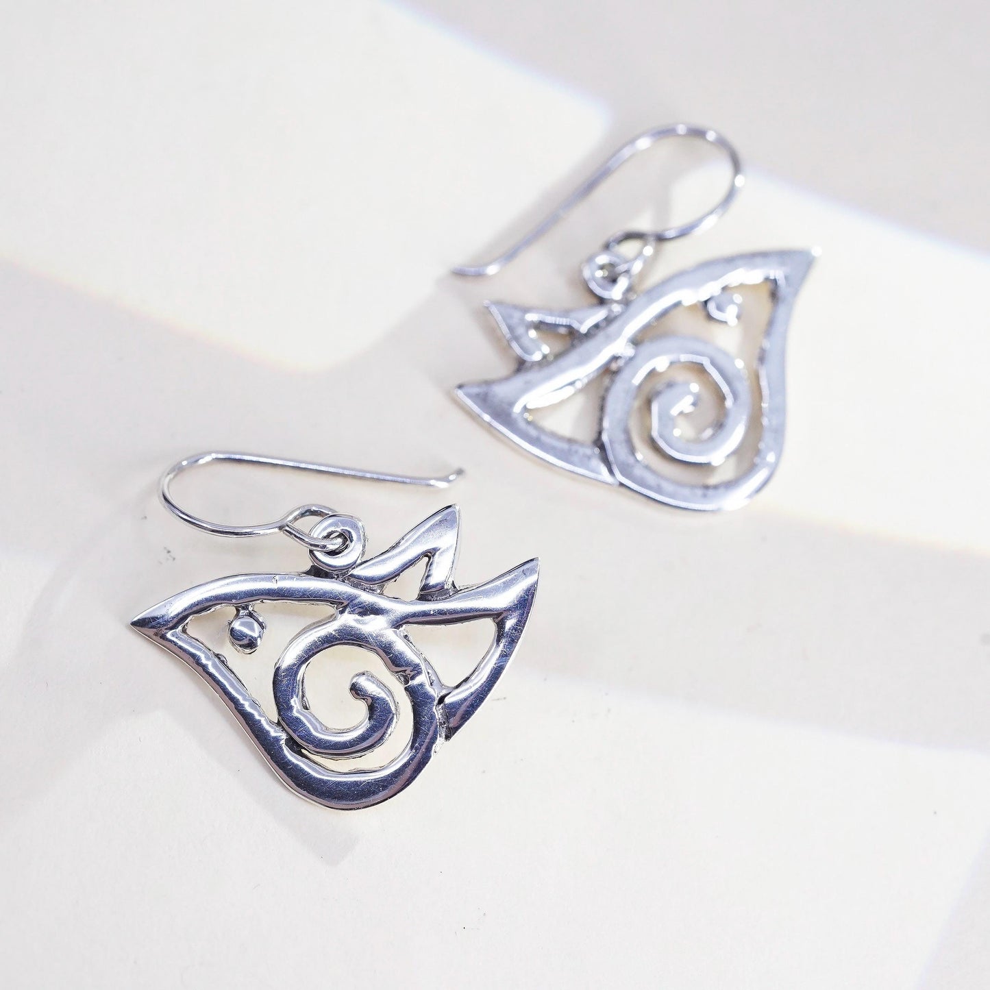 Vintage 925 Sterling Silver Abstract Bird Earrings, Artisan Openwork Dangles