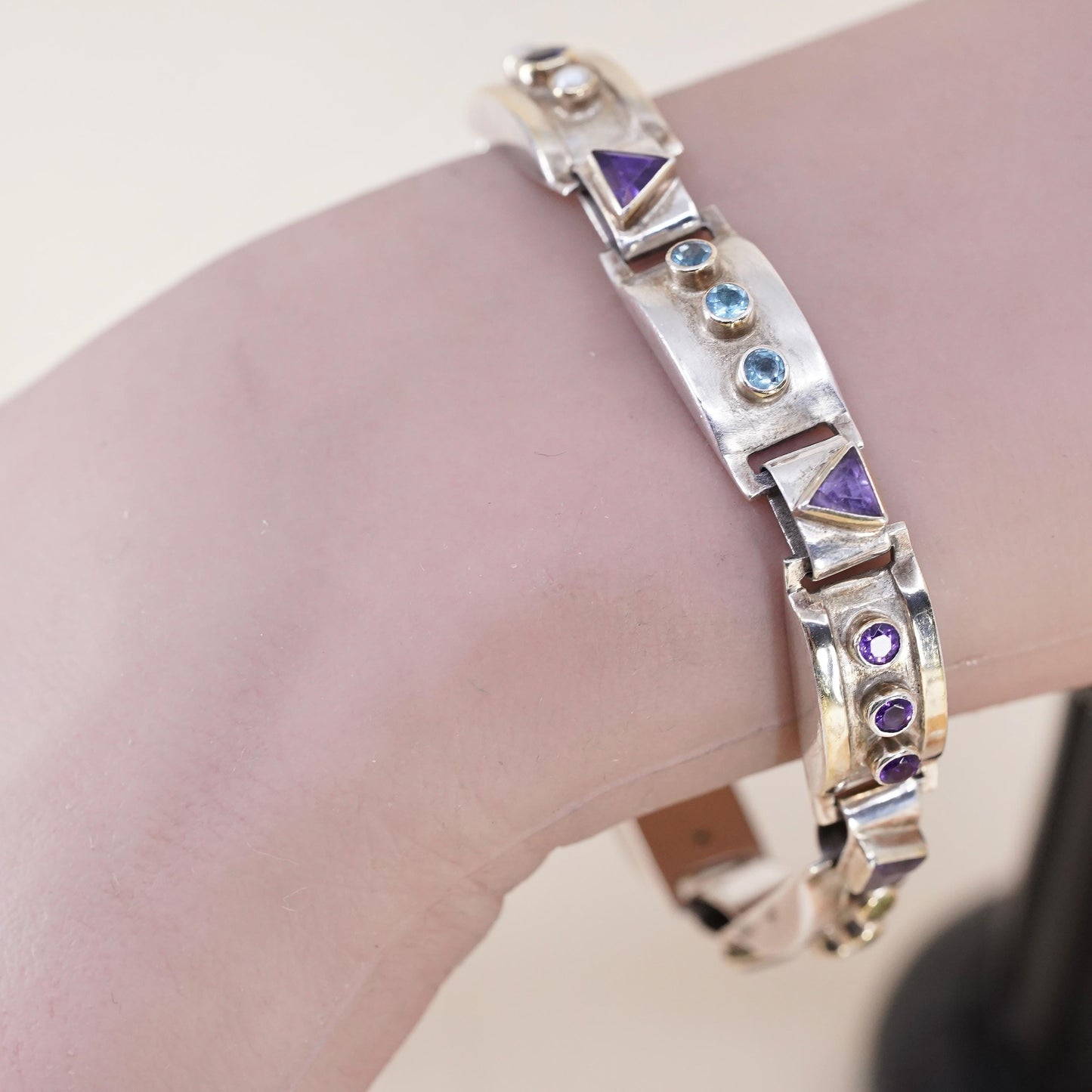 6.75” Sterling 925 Silver 14K Gold Multi Gemstone Bracelet Amethyst Topaz Pearl