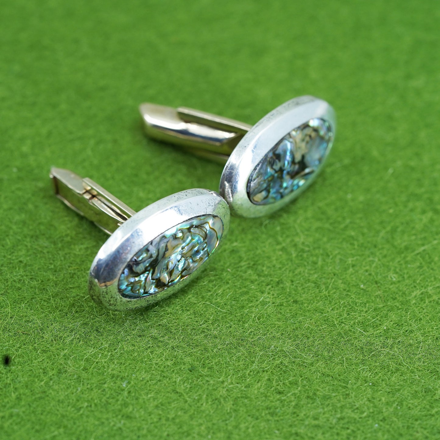 Vintage sterling silver handmade cuff link, 925 oval cufflink w/ abalone inlay