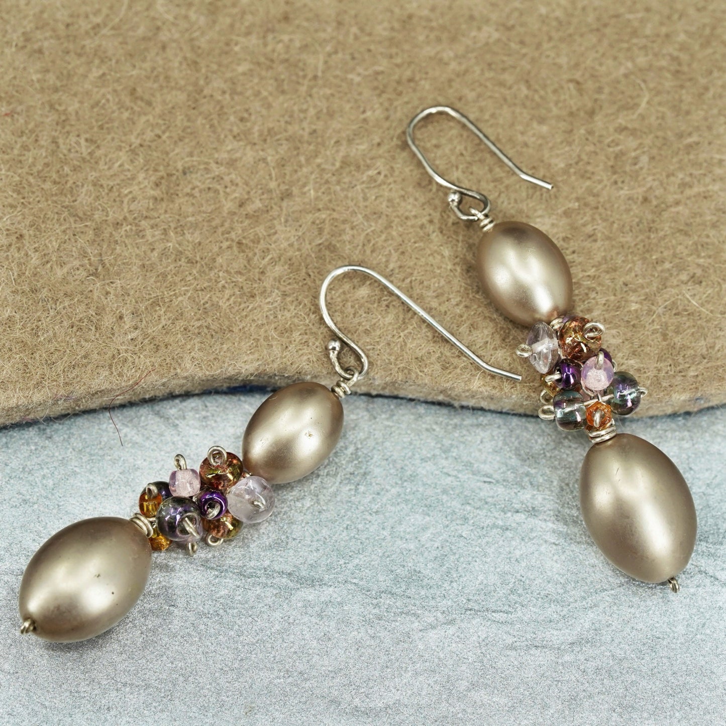 Vintage Sterling 925 silver handmade earrings with faux cluster golden pearl