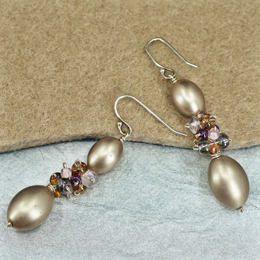 Vintage Sterling 925 silver handmade earrings with faux cluster golden pearl