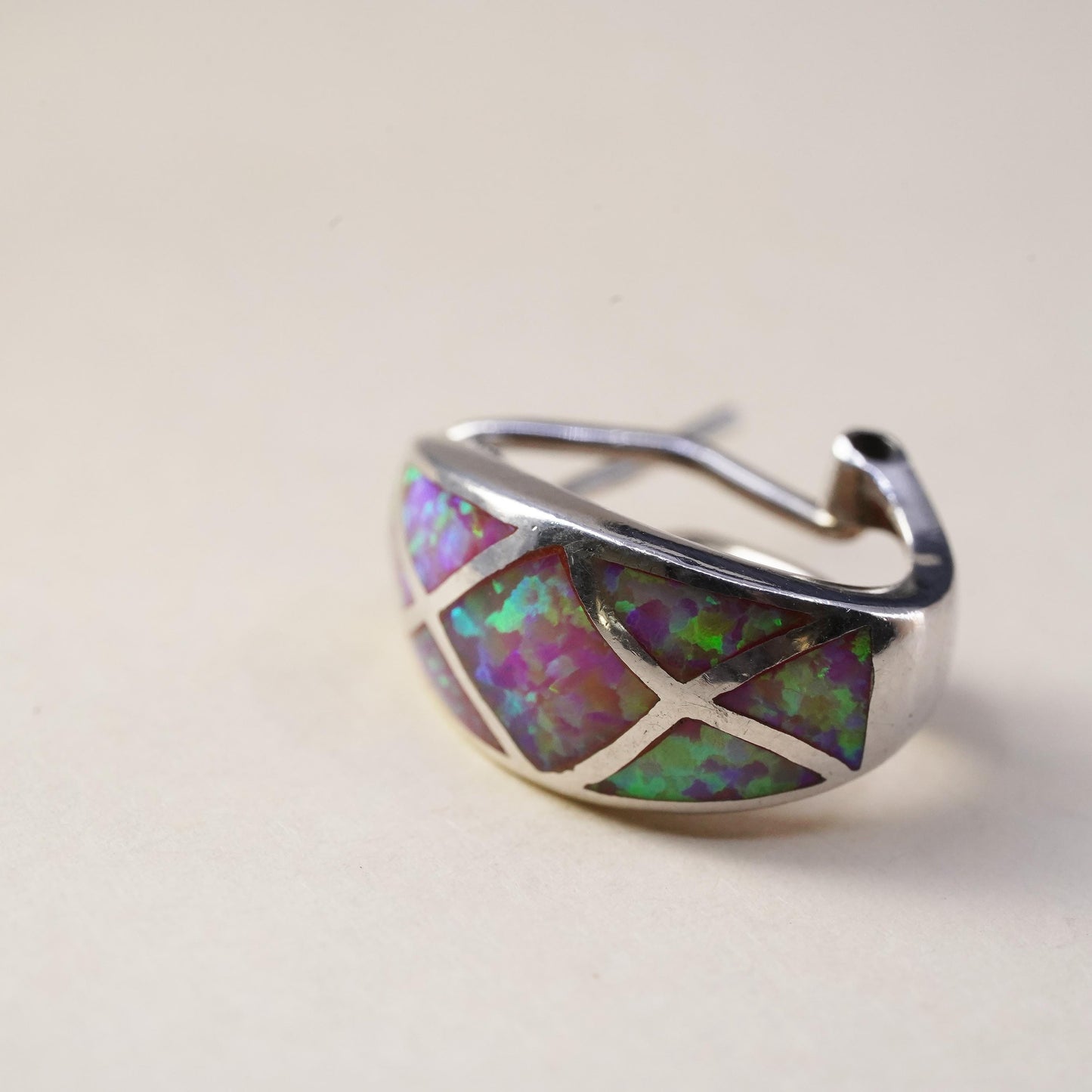 Vintage handmade single earring. Sterling 925 silver stud with opal inlay