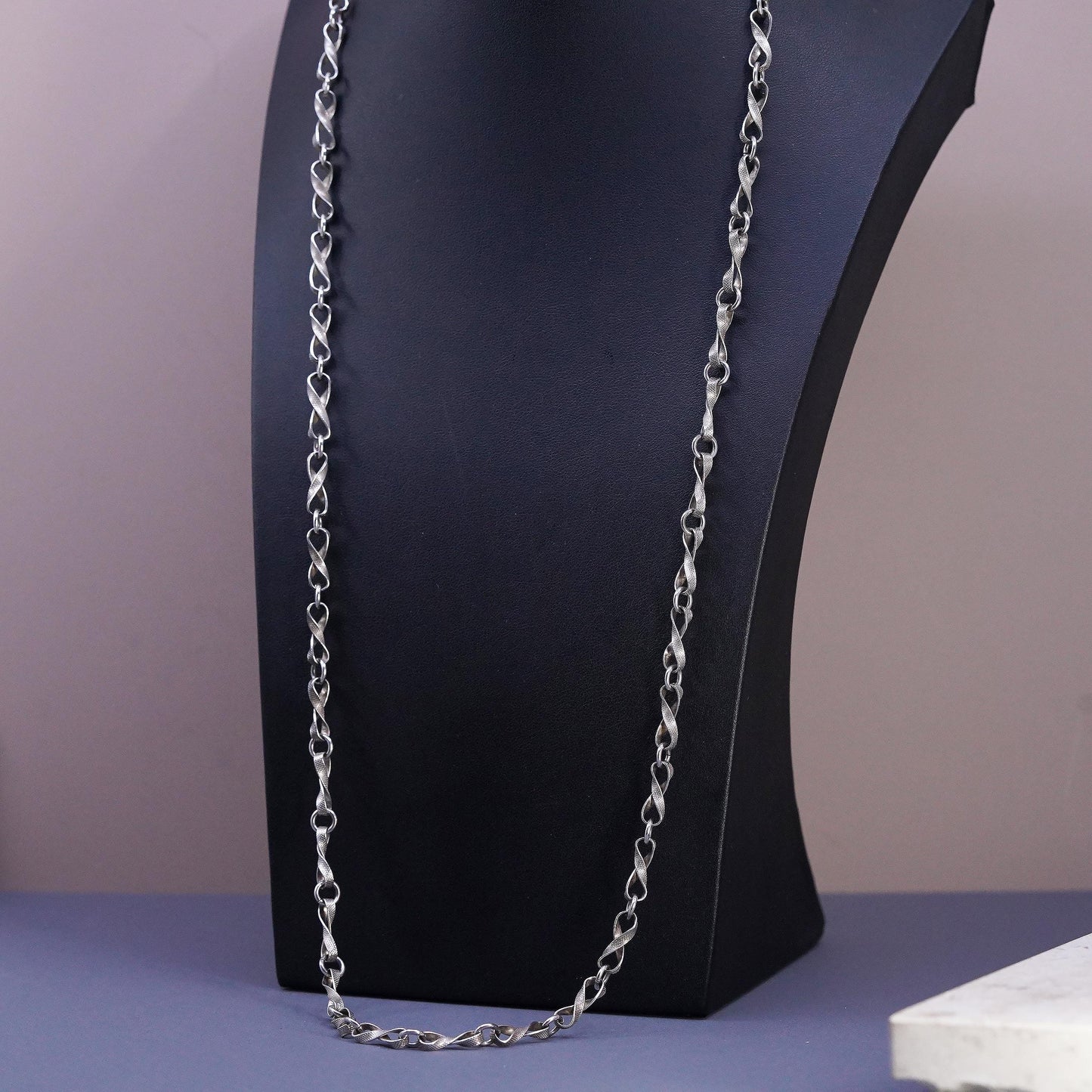 30" Sterling Silver Infinity Chain Necklace, 925 Textured Twisted Fancy Links