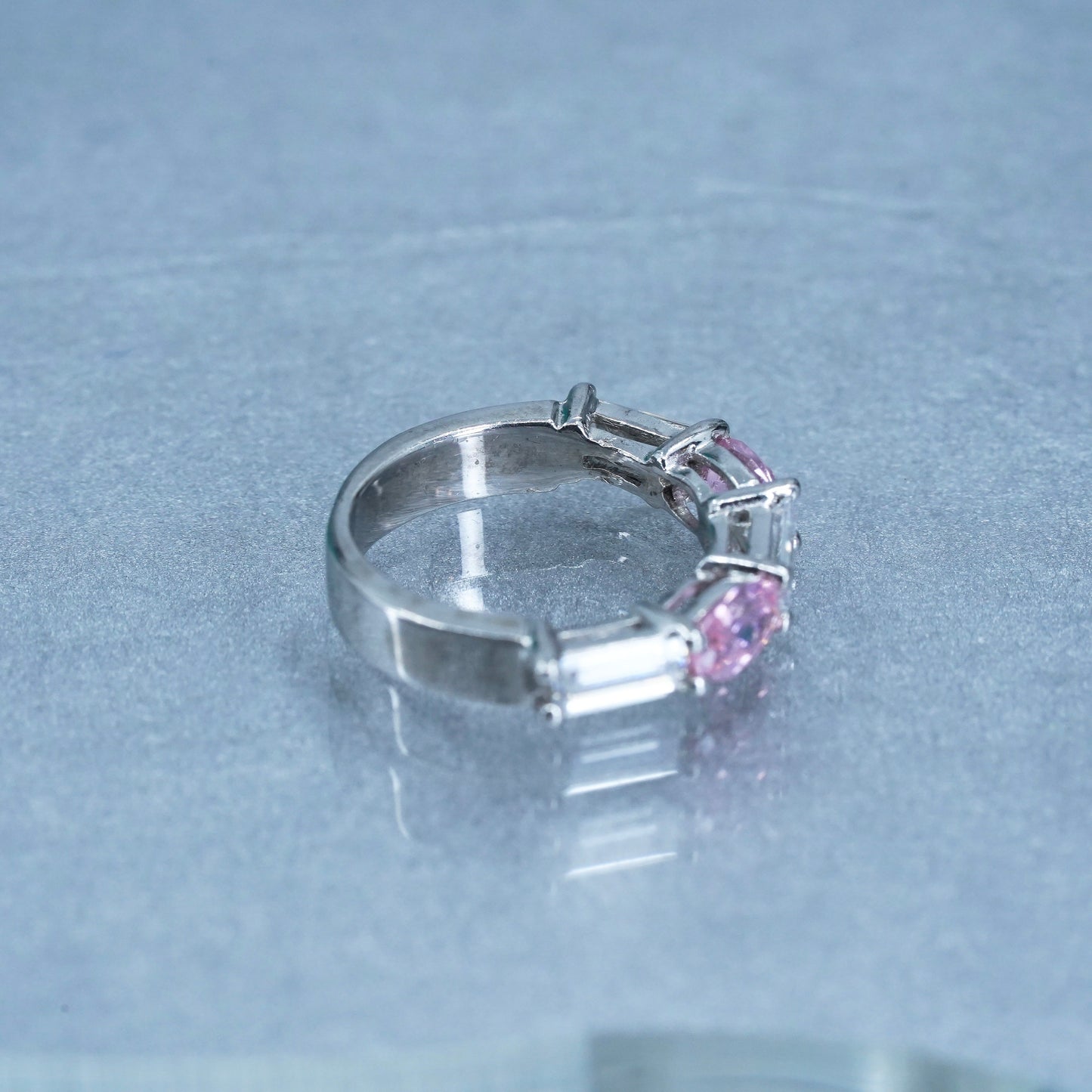Size 4.5, vintage Sterling 925 silver wedding ring, Cz stackable band