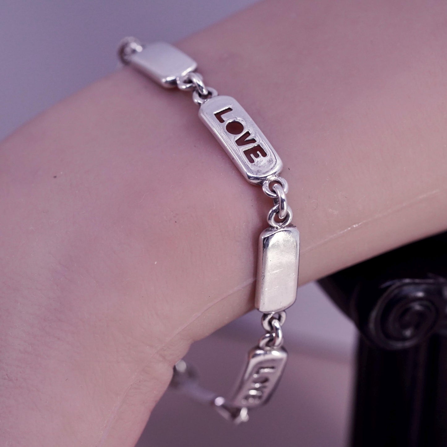 7.5", vintage Sterling silver handmade bracelet, 925 bar with love cutout