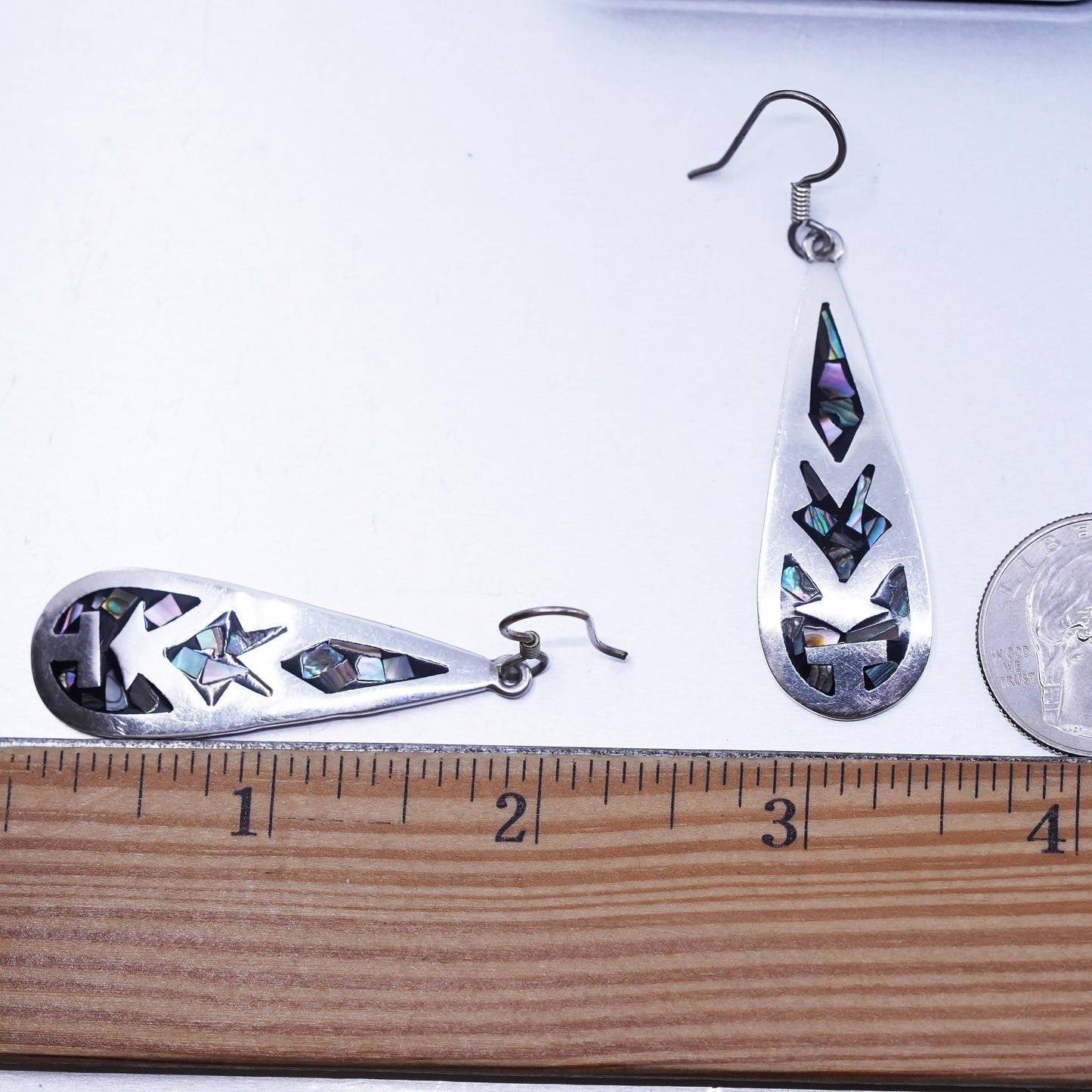 Vintage Mexican Sterling 925 silver handmade teardrop earrings abalone inlay
