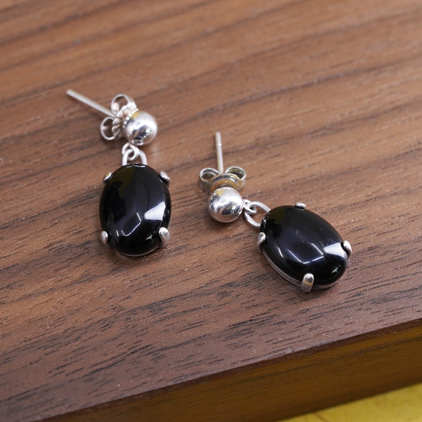 Vintage Sterling 925 silver handmade earrings with oval onyx dangles