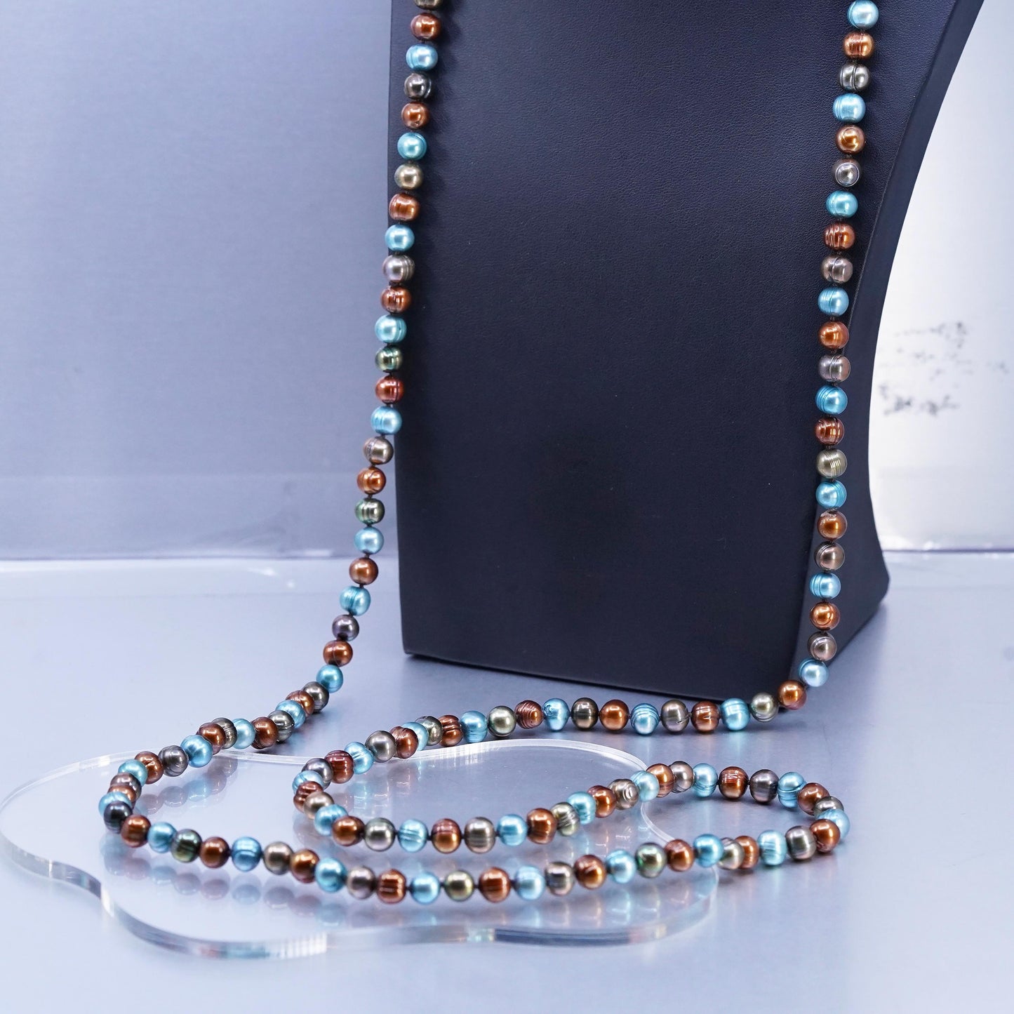 52”, Sterling 925 silver extra long necklace multi color freshwater pearl beads
