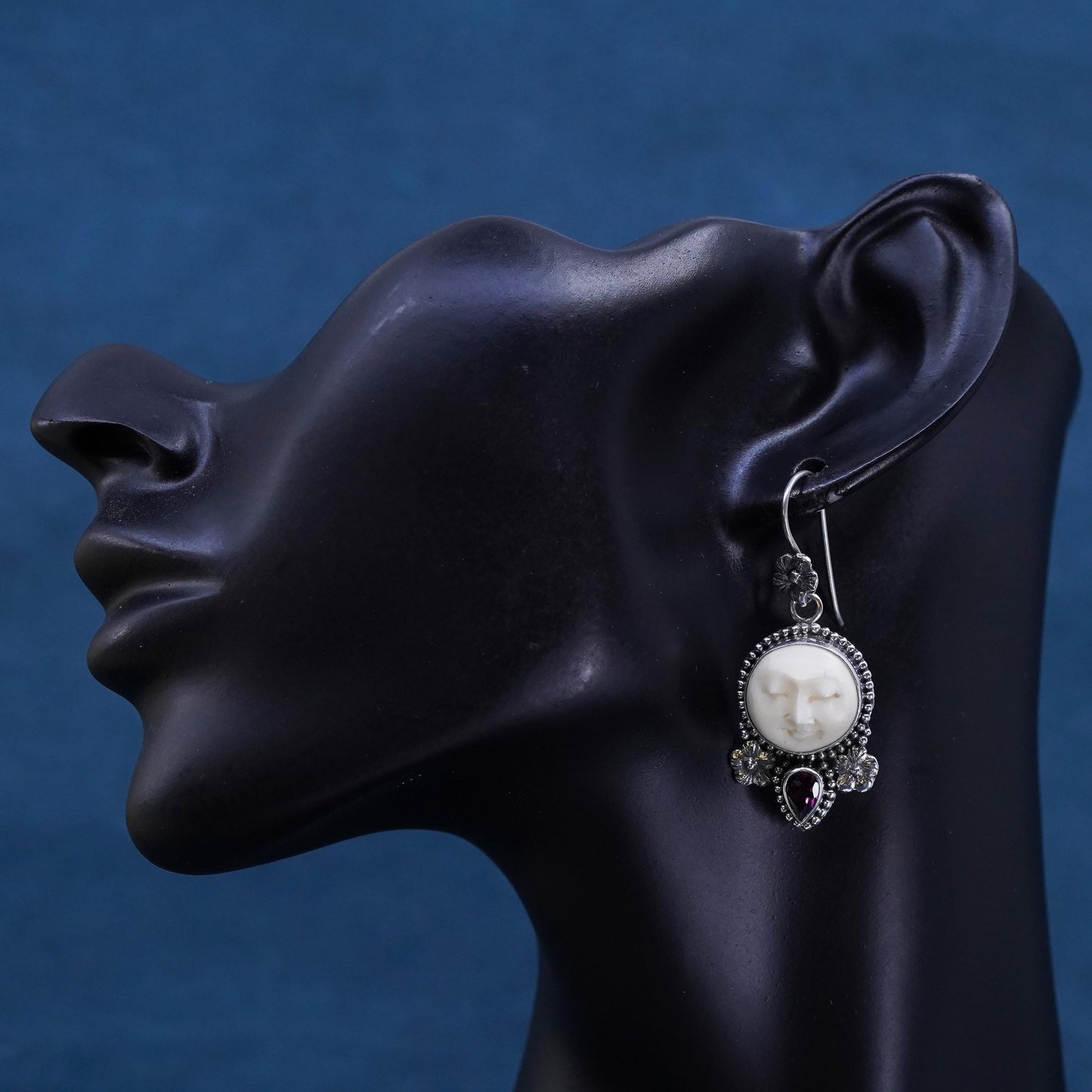 sterling silver 925 floral earrings with carved moonface and teardrop ruby