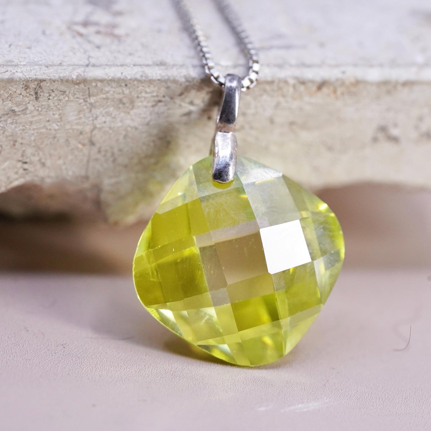 18", vintage Sterling silver necklace, 925 box chain lemon quartz pendant