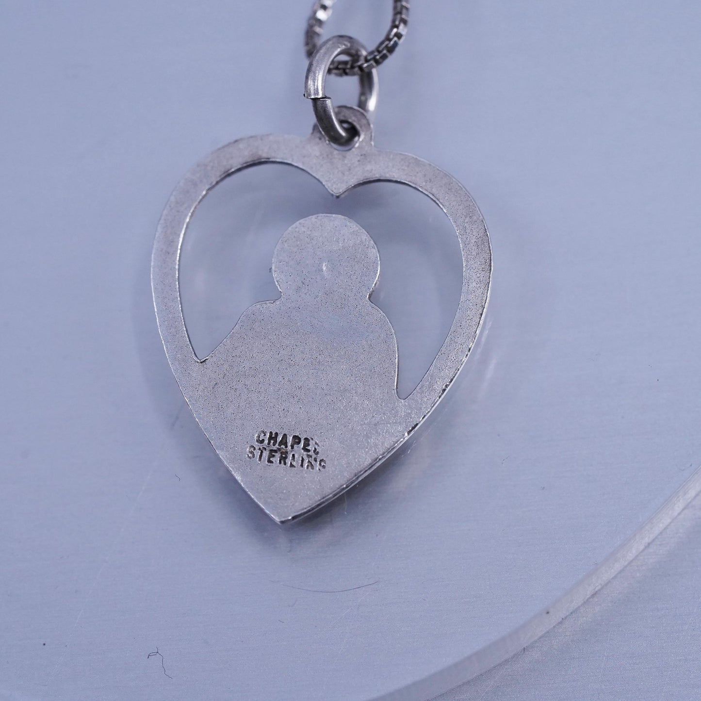 18”, Vintage sterling silver rosary necklace box chain with Virgin Mary pendant
