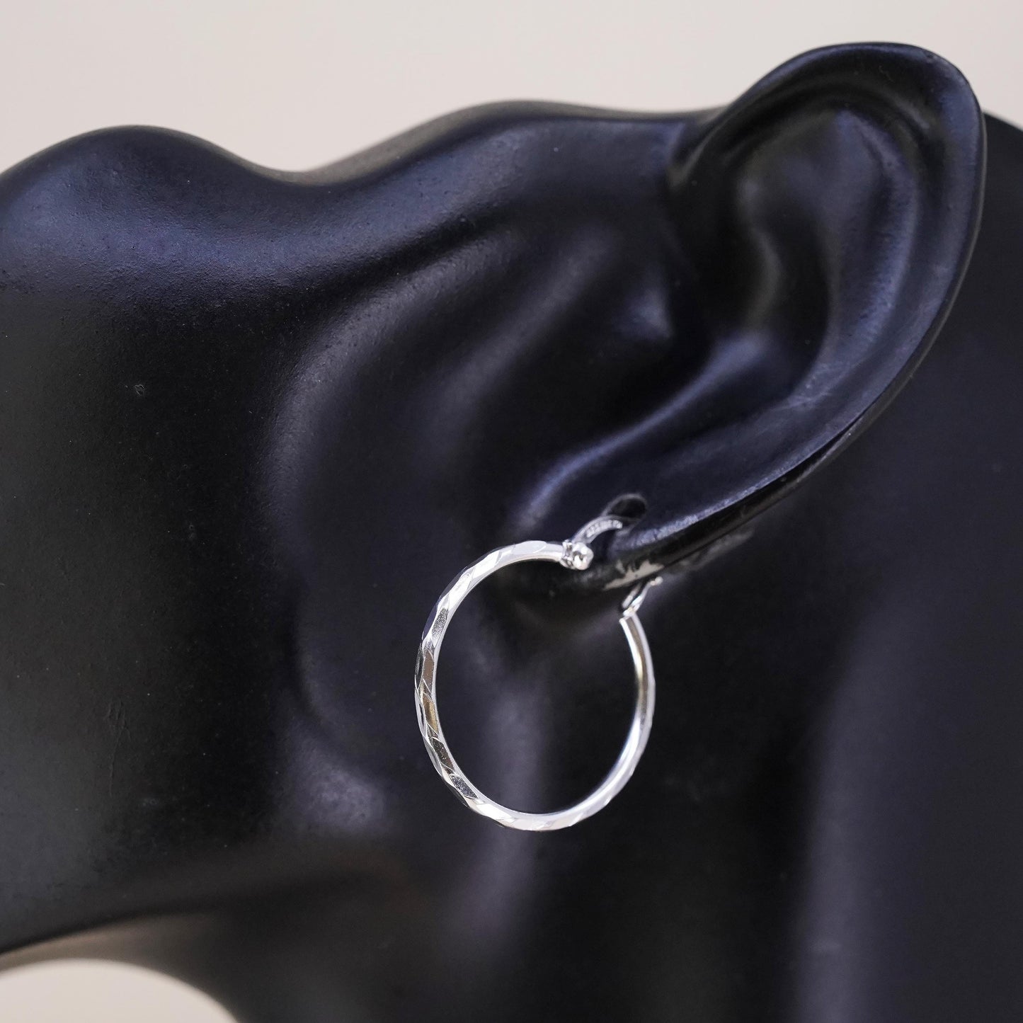 1", Vintage sterling silver loop single earring, textured minimalist hoop