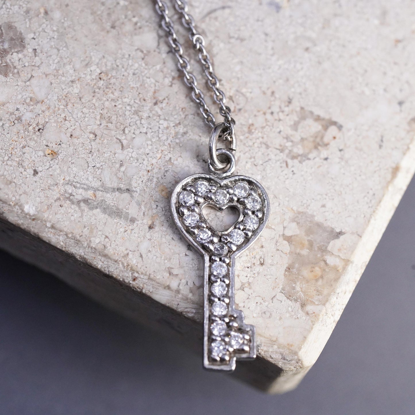 18+4", vintage Sterling silver circle chain necklace, 925 key charm cluster cz
