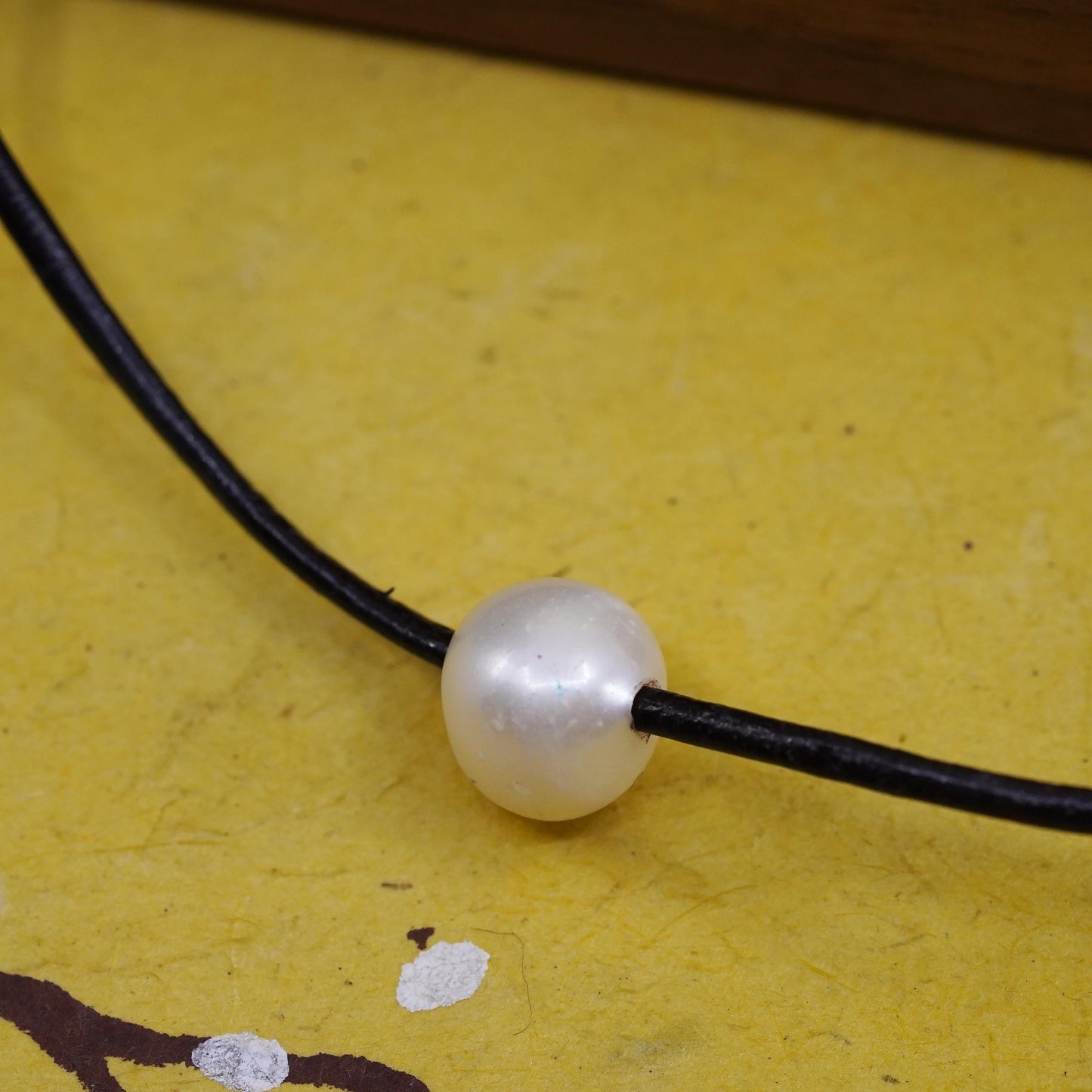 15”, Sterling 925 silver handmade necklace, pearl pendant black leather chain