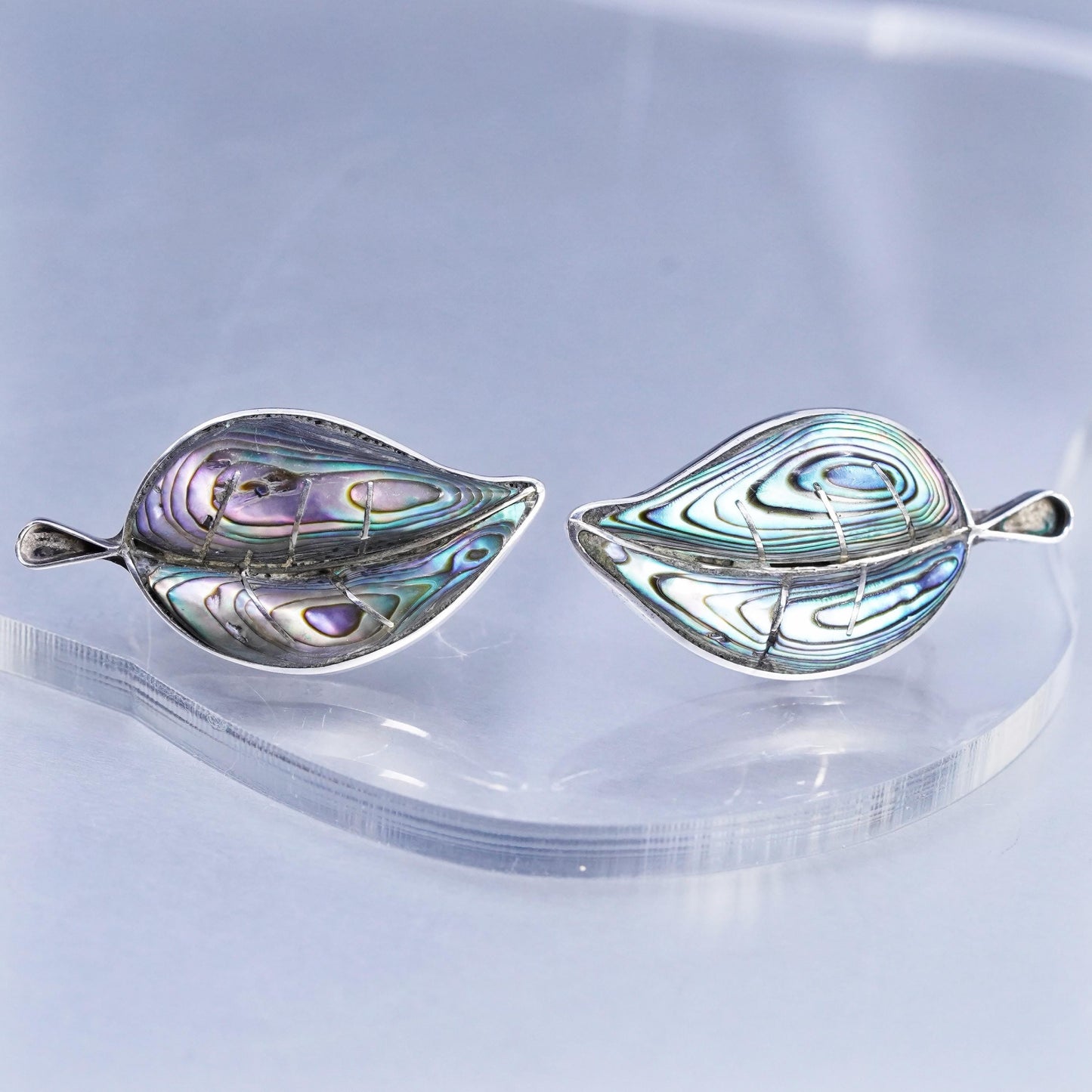 vtg Mexican PA Sterling 925 silver handmade earrings, leaf screw back abalone