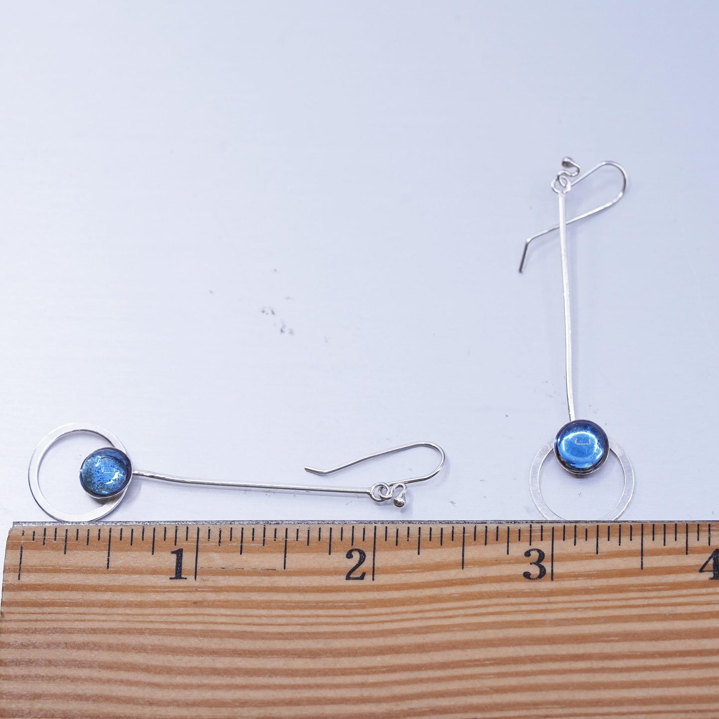 Vintage Sterling 925 silver handmade long circle earrings with blue crystal