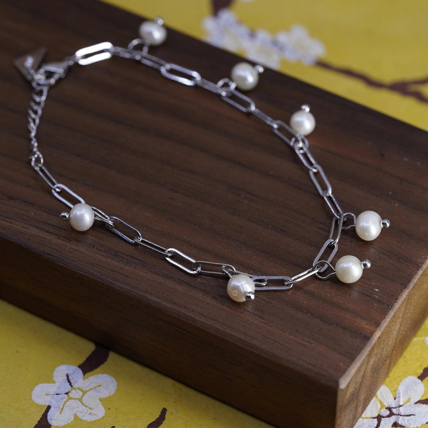 8” Sterling 925 silver elongated chain bracelet with freshwater pearl charms