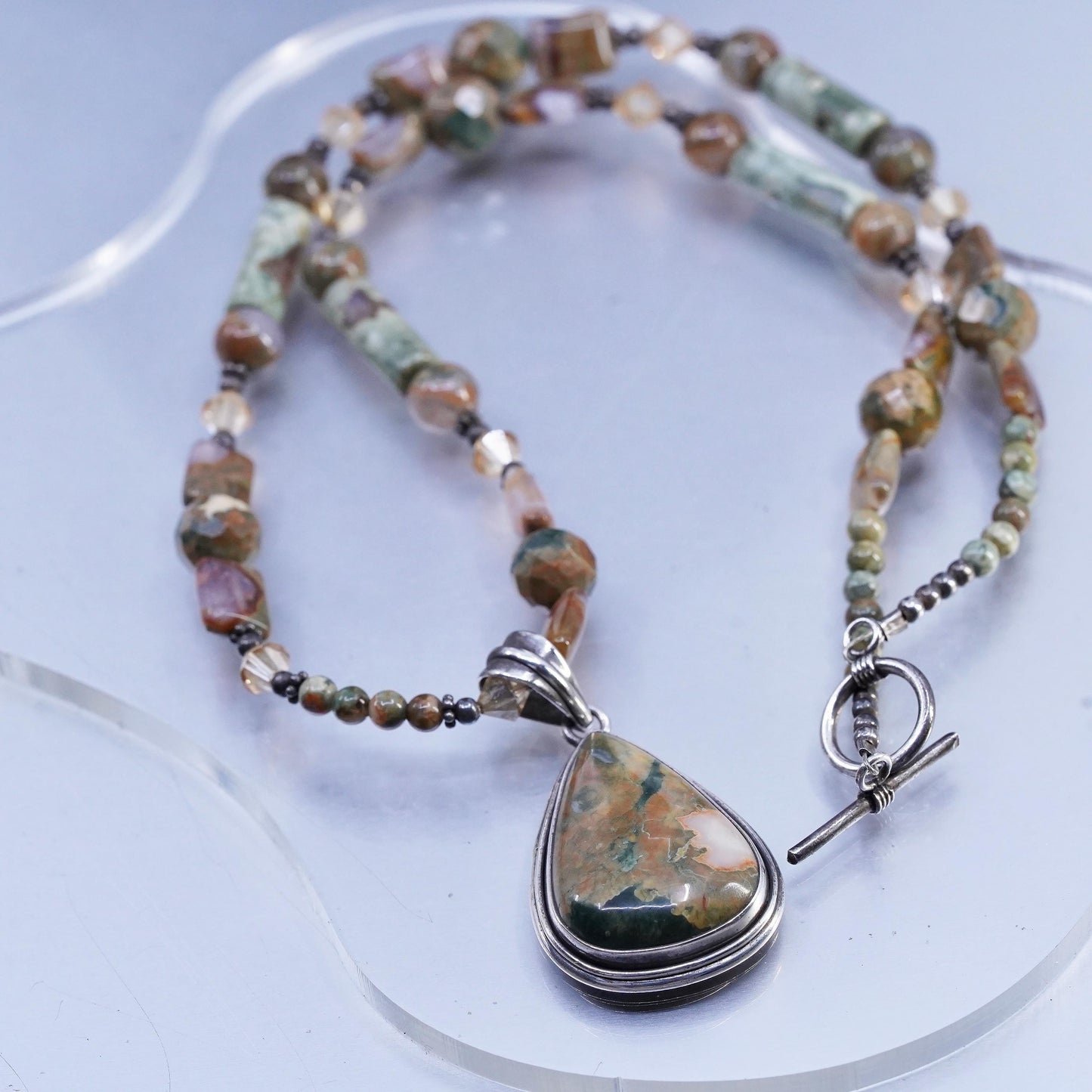 22” Sterling 925 Silver rainforest jasper beads necklace with teardrop pendant