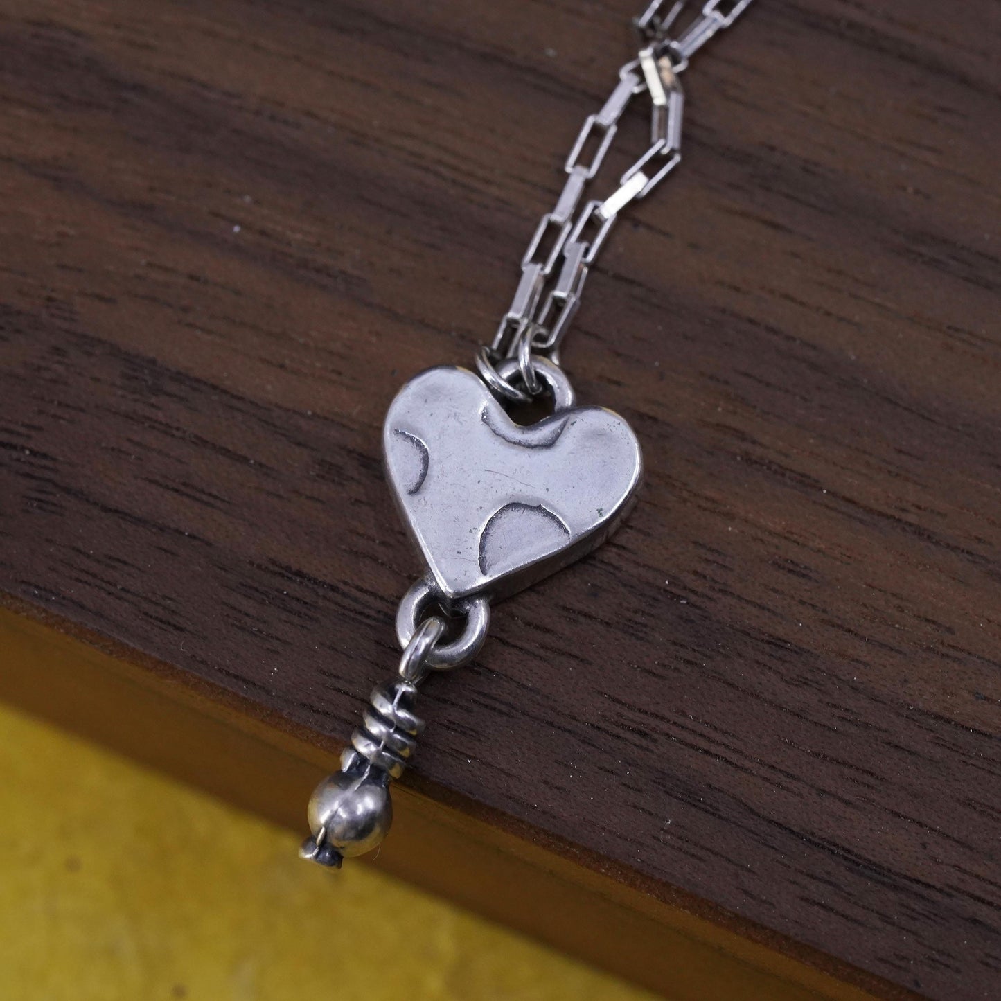 16", sterling 925 Silver elongated chain necklace double sided heart pendant