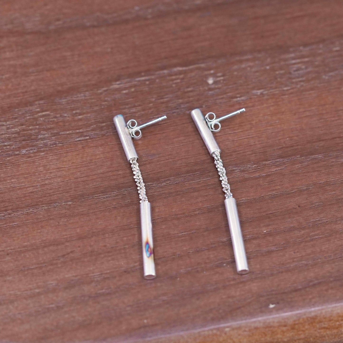 Vintage Sterling silver Handmade earrings, 925 long tube Dangles