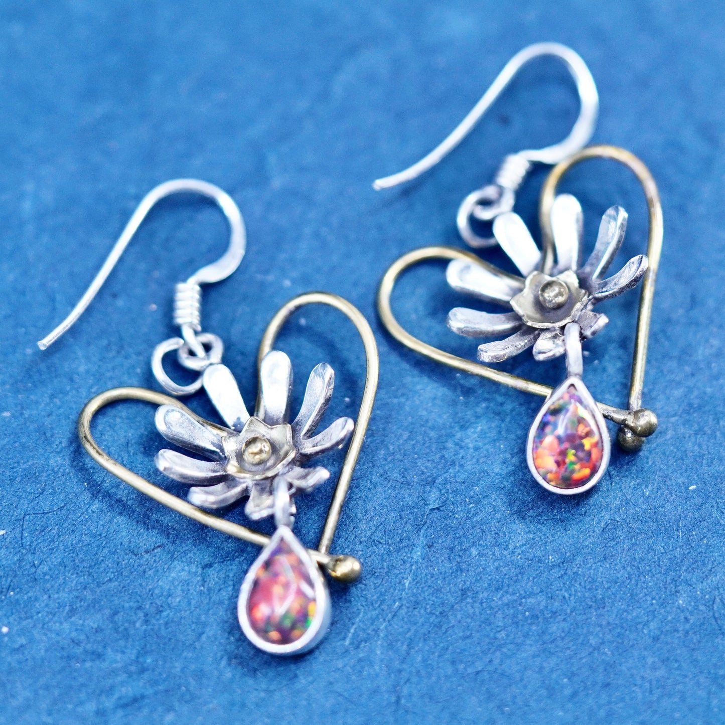 sterling 925 silver flower with brass heart earrings teardrop fire opal dangles