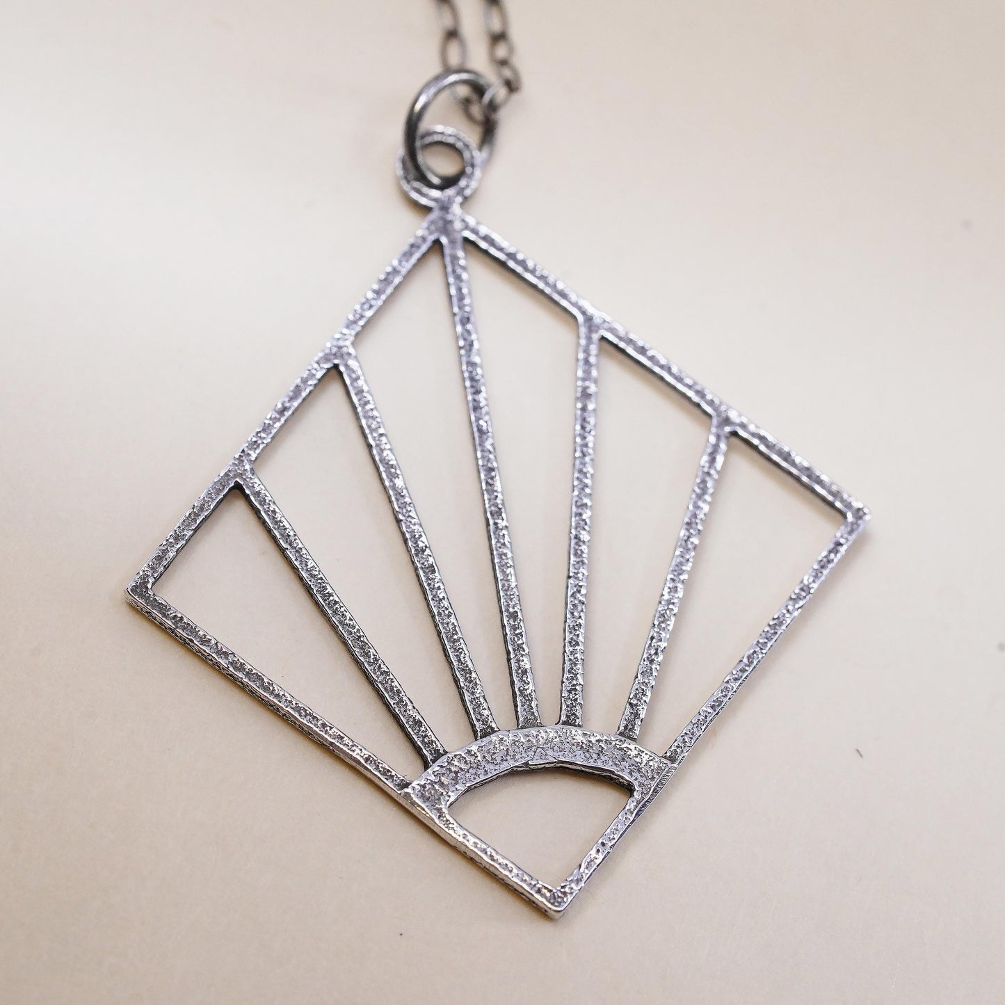 20”, Sterling Silver 925 Art Deco Fan Pendant Necklace, Openwork Sunburst