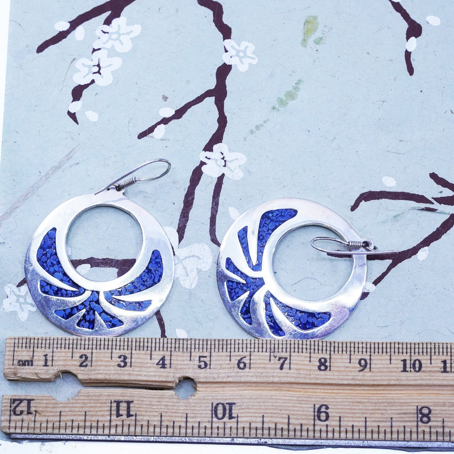 sterling silver handmade earrings, mexico 925 huge circle with turquoise bird