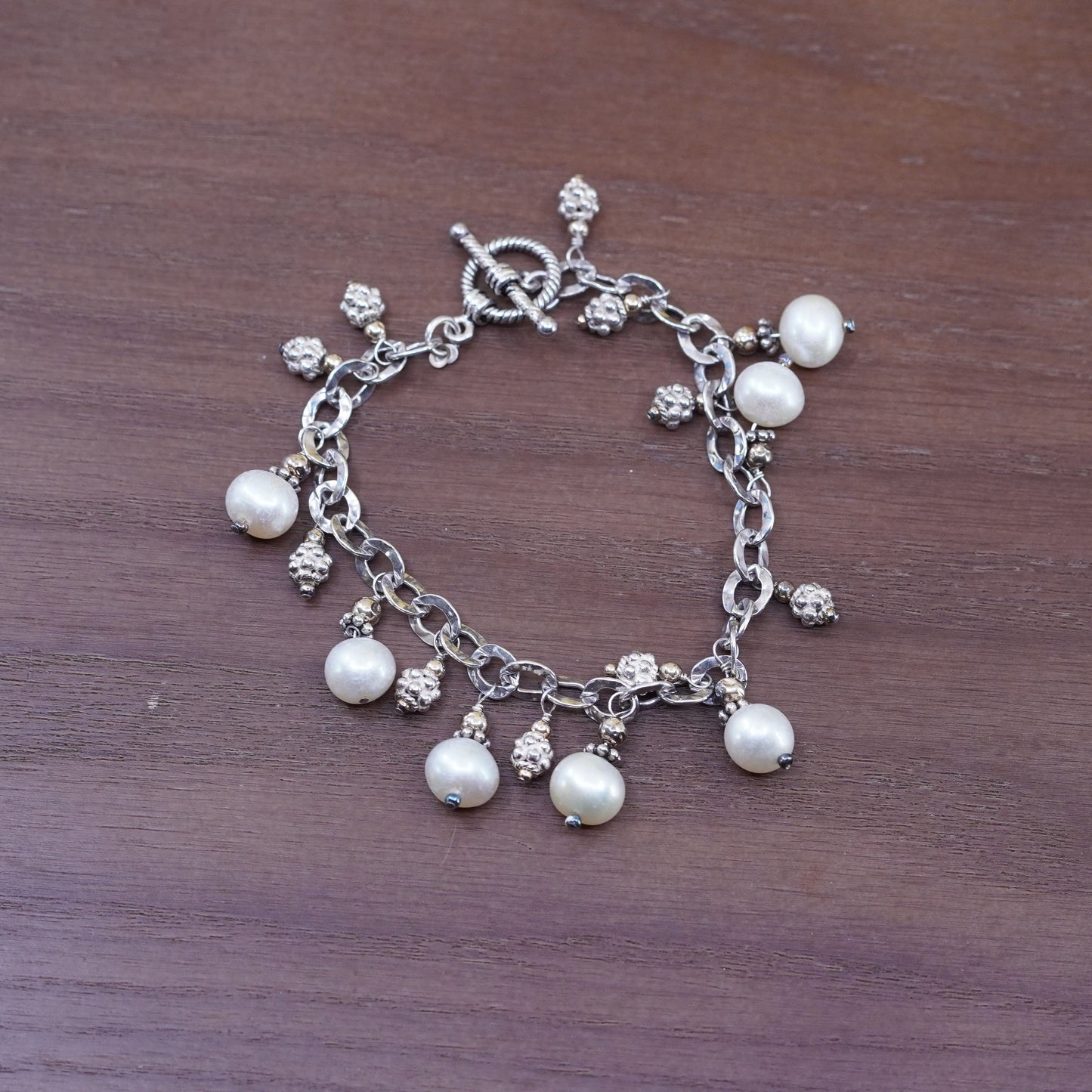 7.25”, Sterling silver bracelet, 925 flatten oval link chain with pearl beads