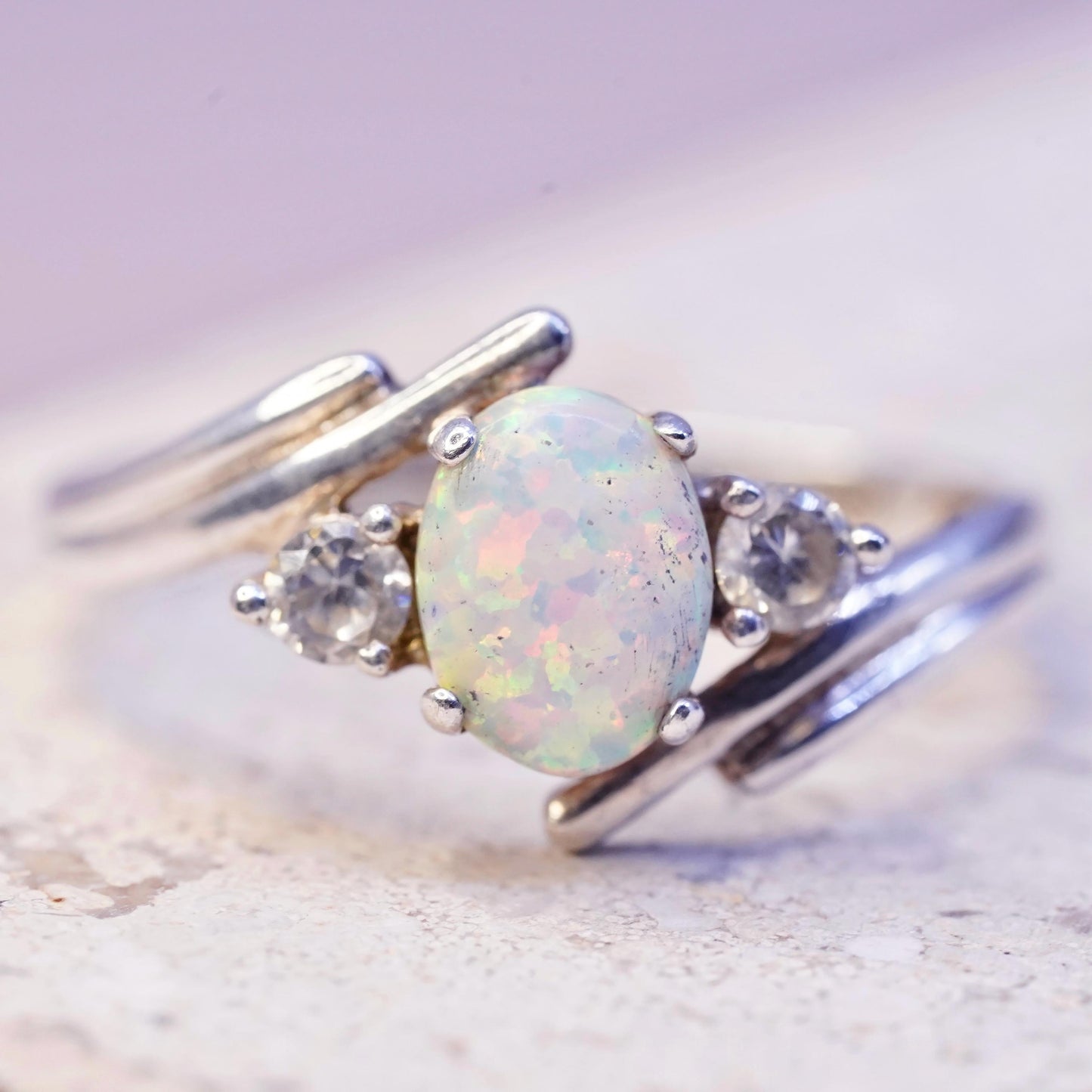 Size 9.5, vintage Sterling Silver opal Ring with cz details