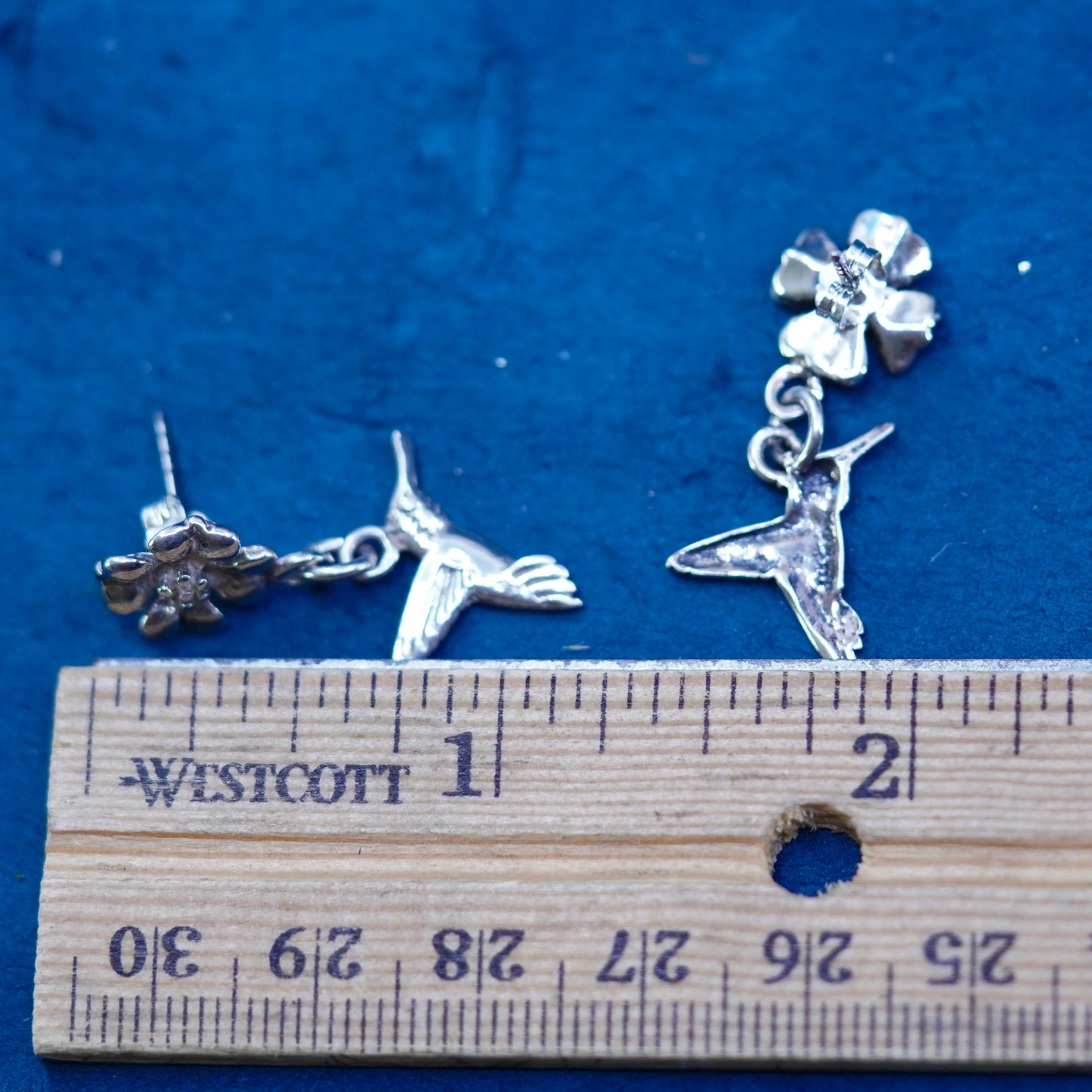 Southwestern silver handmade flower bird earrings, 925 hummingbird dangles