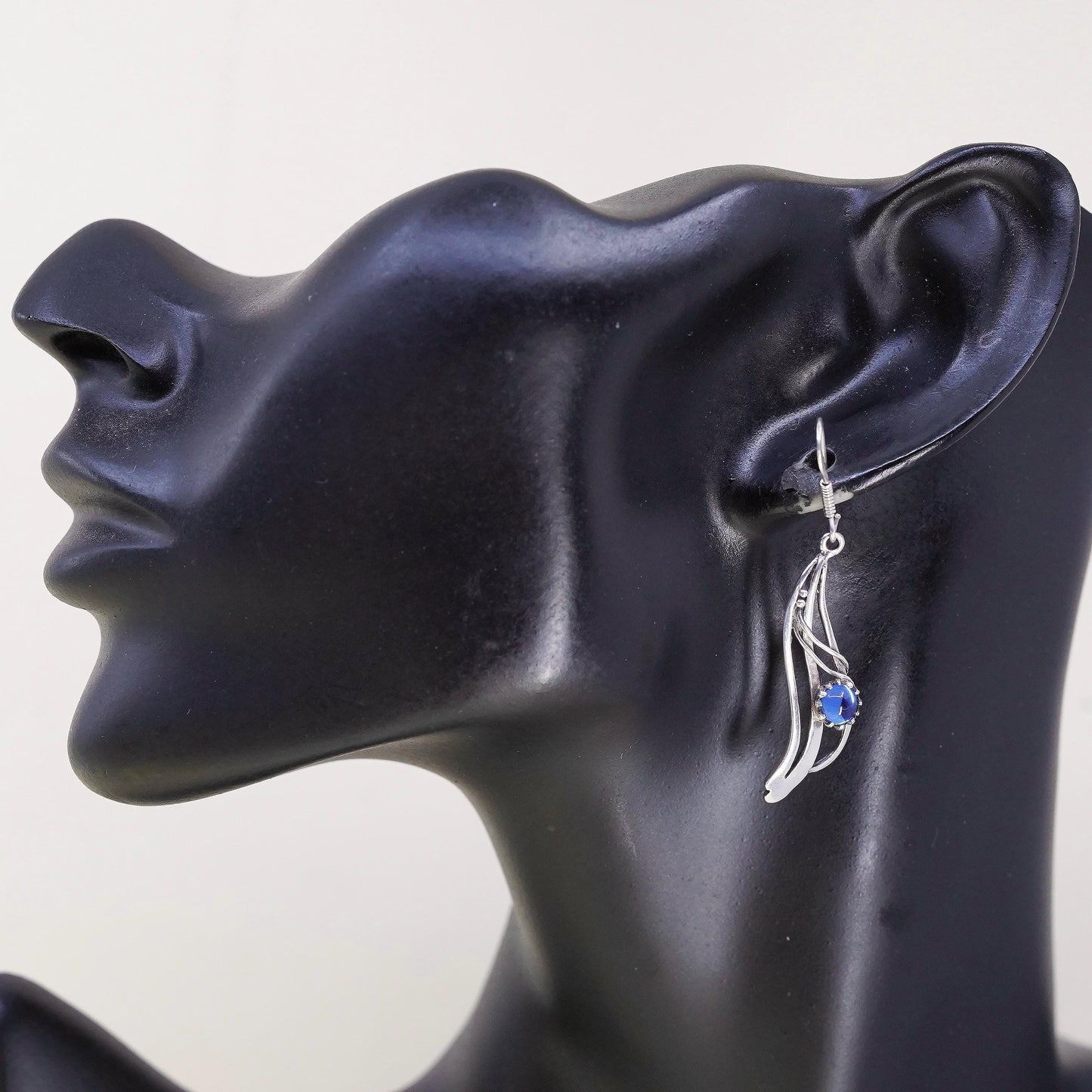 Vintage Sterling silver handmade earrings, 925 wavy drops with blue glass
